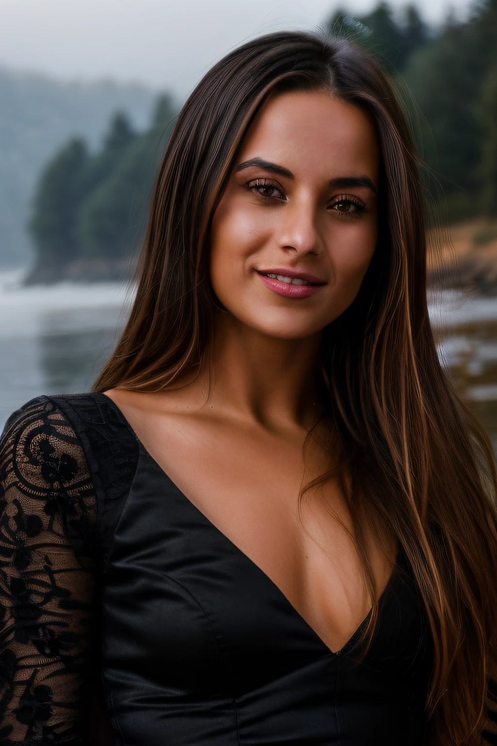 a SFW Portrait of Dominika C woman, Beautiful, ((wearing a black dress)), alluring, perfect eyes, perfect face details, (highly detailed skin:1.1), seductive smile, Perfect Slim body, PHOTOREALISTIC, Realistic, Dramatic Lighting, Modelshoot style, Professional photography, Sunset, foggy background, blurred background, RAW, analog style, sharp focus, 8k UHD, DSLR, high quality, Fujifilm XT3, grain, award winning,