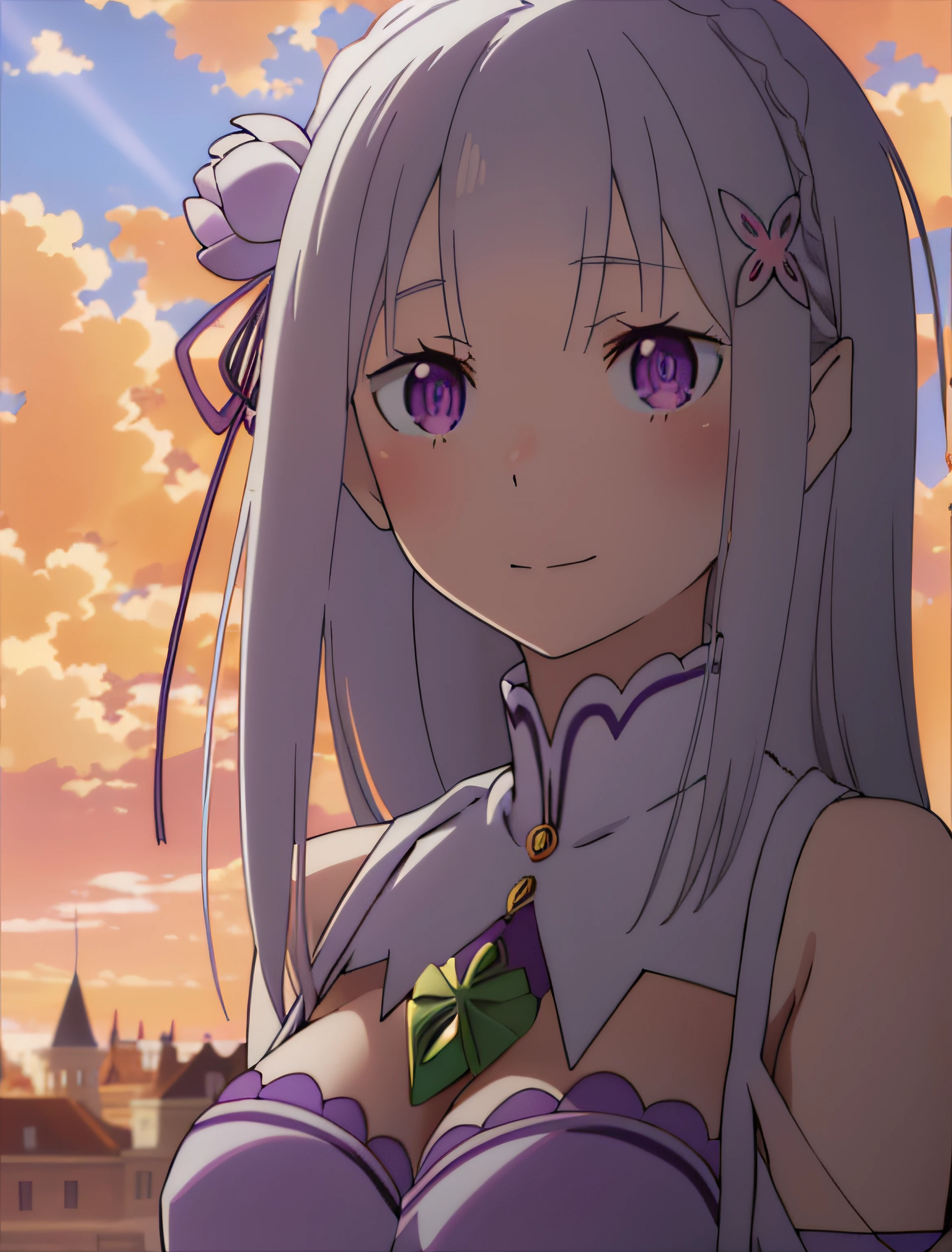 Femilia, 1girl in, Solo, breasts, Smile,((masutepiece,Best Quality:1.4),Ultra-detailed,(Intricate details:1.1),Cinematic Light,short bangs,Beautiful detailed eyes,Red Buck Round, Blue sky, Purple Sky),Looking at Viewer,