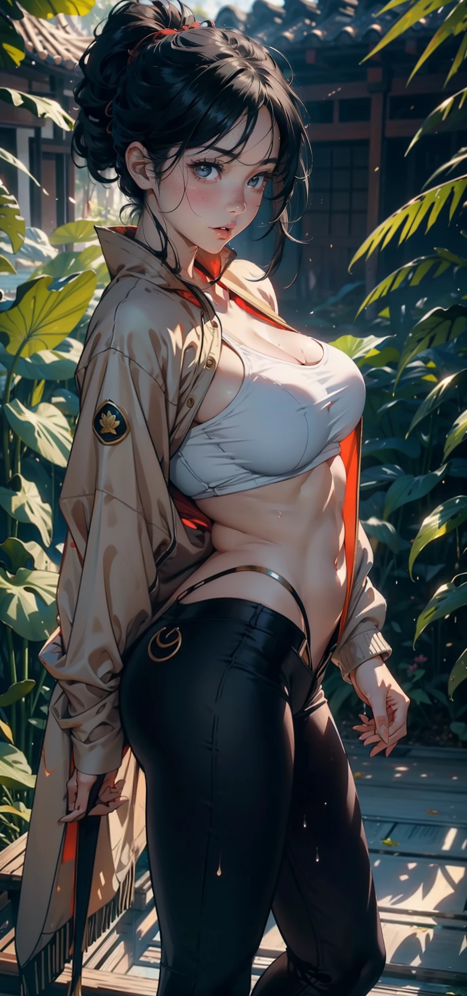 1 female，45 years old，married woman，milf，Large Breasts，short hair，Big breasts and thin waist， 照片曝Light， Solitary，（background：in the woods，rainforest，In the summer） Black Hair，Red lips，Stand deep in the woods，front view， Straight Hair， The sky is mostly cloudy，（（（masterpiece），（Highly detailed CG Unity 8k wallpaper），best quality，Light，详细background，beautiful eyes，Smart pupils，（very delicate and beautiful），（Beautiful and detailed eye descriptions），Ultra Detailed，masterpiece，）），Facing the camera，high resolution，Ultra Detailed），nude，The exposed chest is a bit fat， Camel toe，Soldier（wear：Military cap，White Cape，）