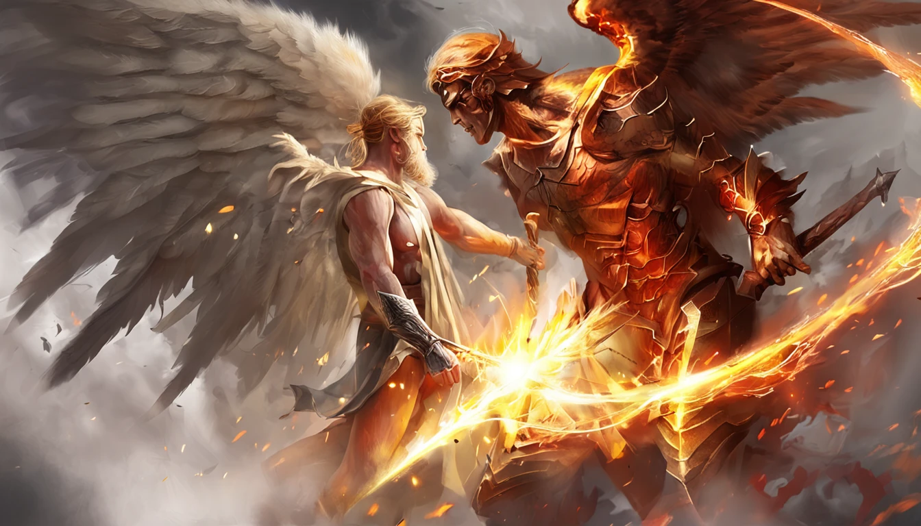 Angels and demons are just in one idea，Innate thoughts，One thought of hell，Heaven and hell are fleeting。Cinematic image effects，angel versus devil，Cinematic image effects，depth of fields，high light，Real light，Ray traching，oc rendered，Hyper-realistic，best qualtiy，8K master works