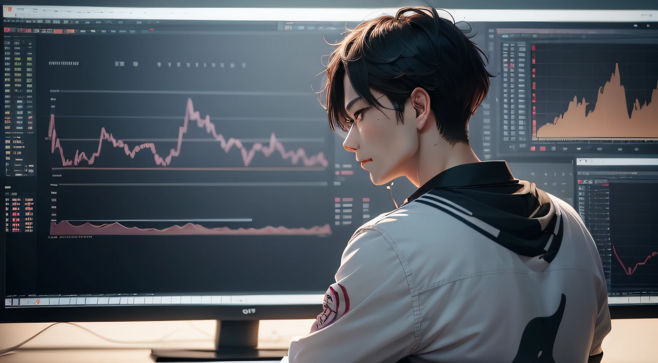 (Digital Painting)、(top-quality)、male people、Man sitting in front of big chart screen、Looking back at this、Monitor charts、Chart forex、Man is operating computer mouse、Huge forex charts and index charts behind、Graph showing price movement、championship、trader、Currency chart monitoring、FX、exchange、Ukiyo-e Art Style、Hokusai's inspiration、Popular deviant art、8K Ultra Real、Pastel Color Schemes、vibrancy、A slight smil