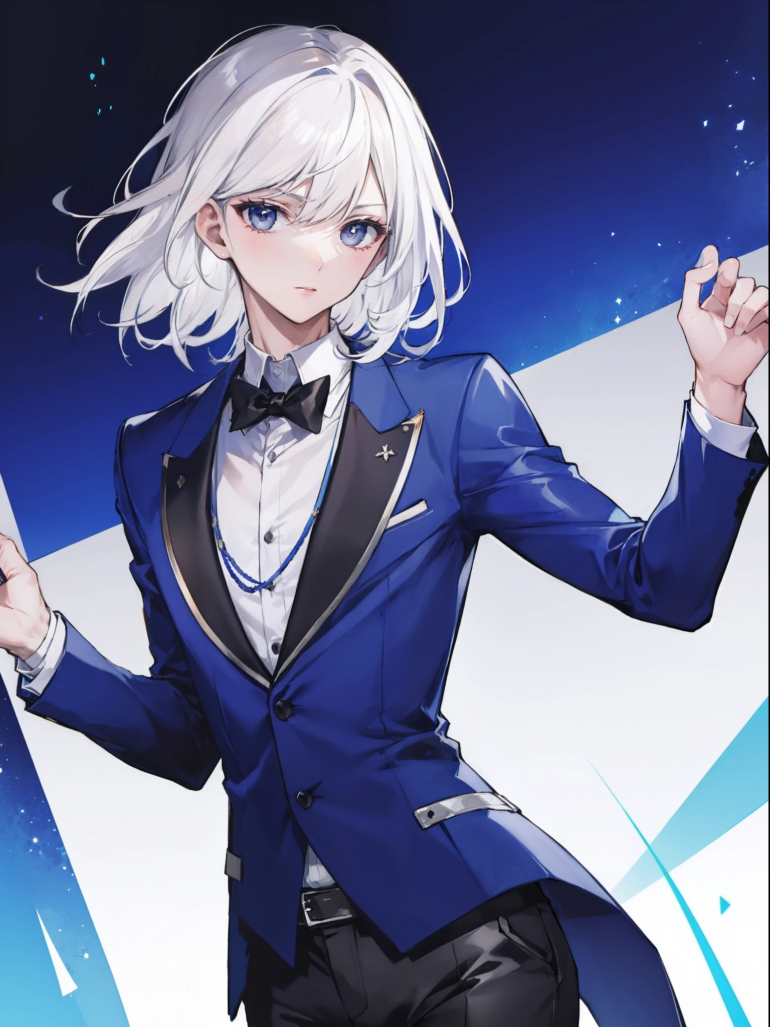 Generate a gripping man, white hair and gray eyes, he wears a white suit