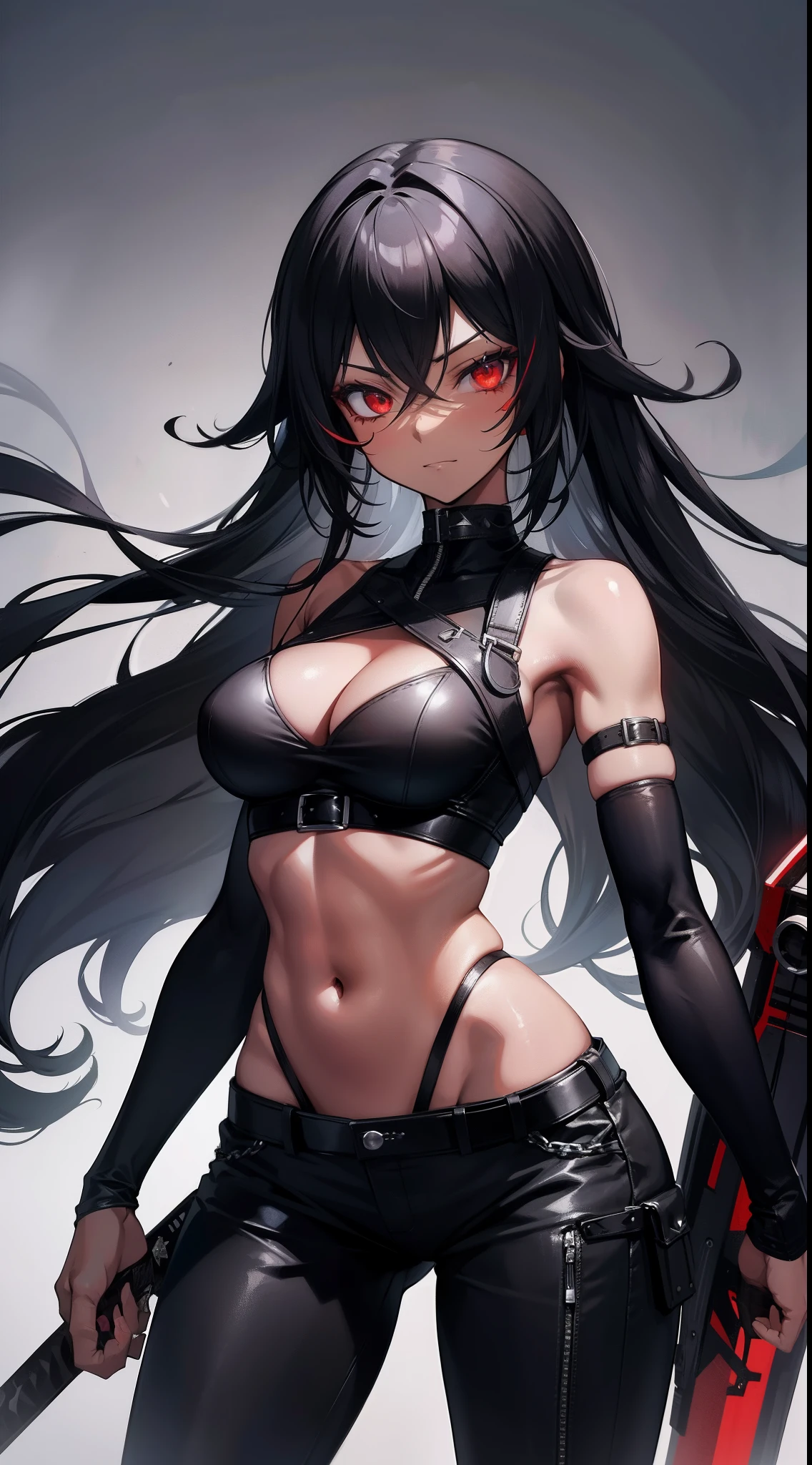 Adult woman, ebony, black skin, long curly black hair, red eyes, Bondage on the eye, musculature, Black hired tight top, Mercenary pants, arma, sword, smirk, Masterpiece, hiquality