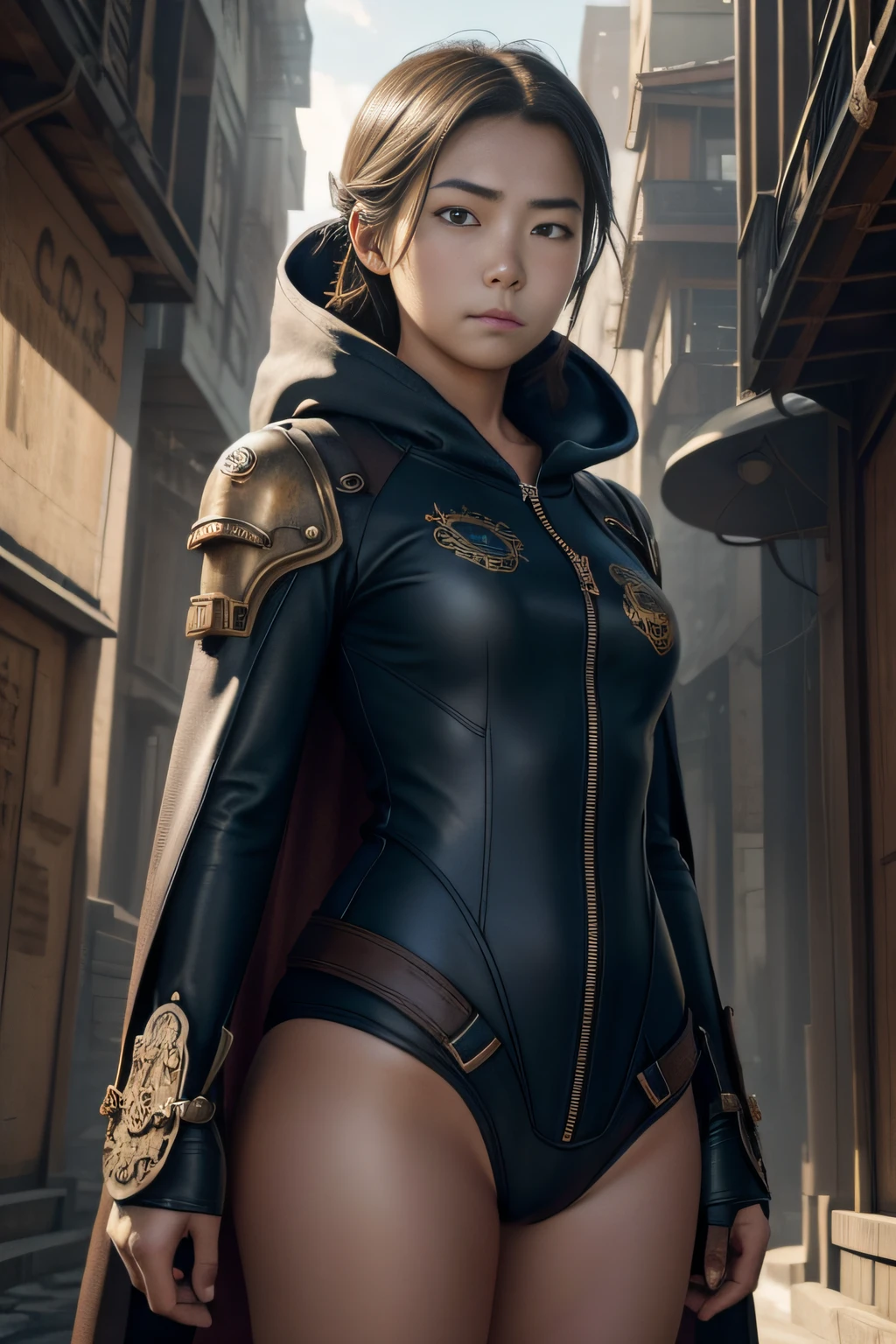 1 girl, young, , Asian girl, full body from head to toe, realistic, realistic face, realistic eyes, worried, looks over her shoulder, side lighting, wallpaper, looks at viewer, futuristic steampunk buildings in background, long cape and hood, cutout on the front of the one piece swimsuit, earth ground, outdoors, hold a steampunk sword in your left hand, fly in the sky with a steampunk jet pack, dragon logo,