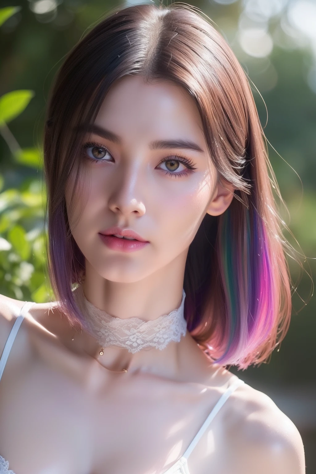 (Best quality, 8k, Masterpiece :1.3), (realistic, photorealistic: 1.37), (1girl), (Pretty woman in her 20s), (slim), (emphasizing slender abs :1.3), (Korean), (tight, wet and transparent dress), (visible thongs), (choker on neck), (random sexy pose, spread legs), (large breasts :1.3), (outdoors), (Ultra-detailed face), (Detailed eyes), (Double eyelids), (eyeshadow intensifying), (many eyelashes), (perfect body), (long legs), (professional lighting), (photon mapping), (radiosity), (looking directly at viewer), Lace bra, rainbow hair