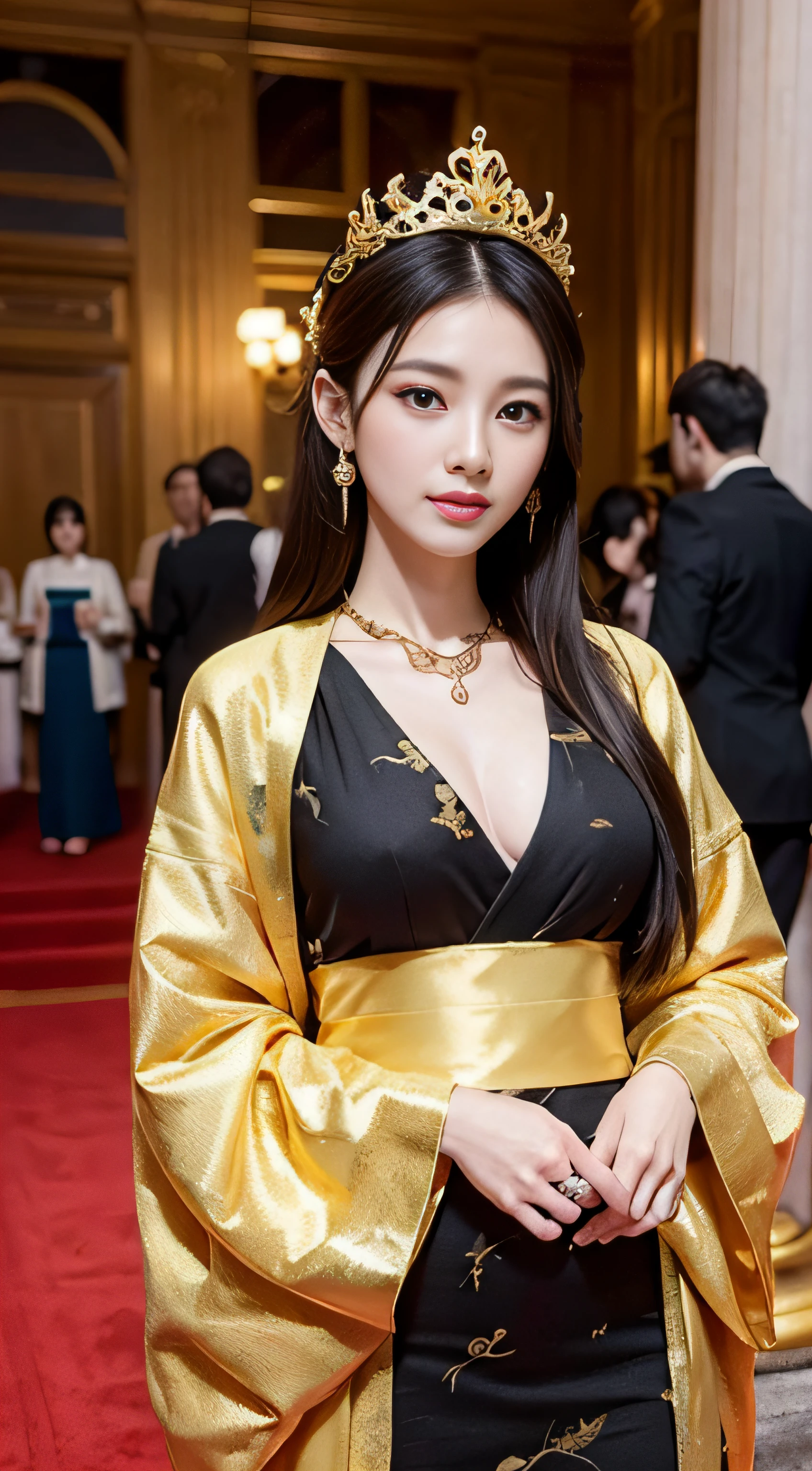 dynasty, court, palatial palace, Emperor, Emperor, maid, The table, Bronze Cup, Bronze Sword, Guard, chain mail, yellow robe, Hanfu, Black hair, Black pupil, Dragon pattern, brilliance, gold, Gold leaf edging, totem, ladder, Red carpet