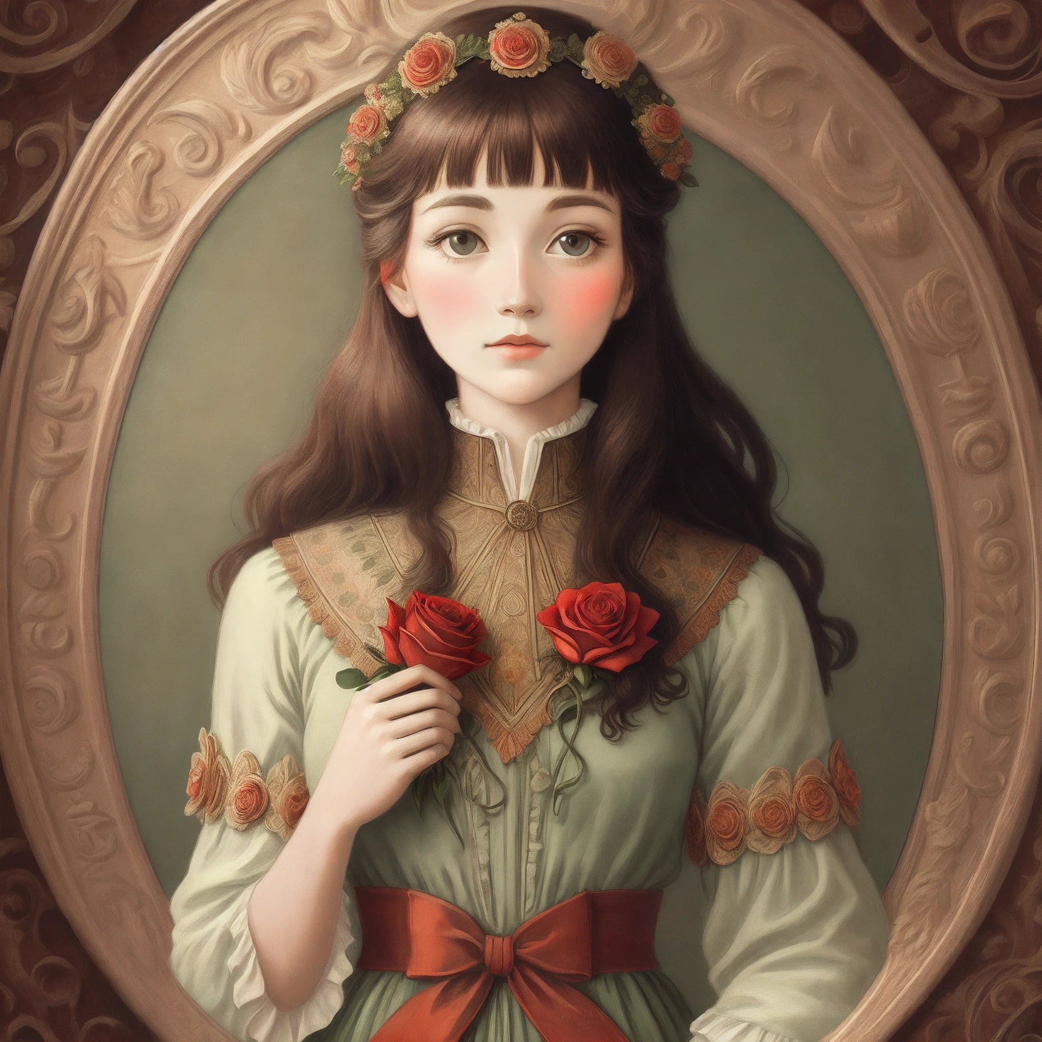 Vintage style red rosette，Similar to Mucha's style