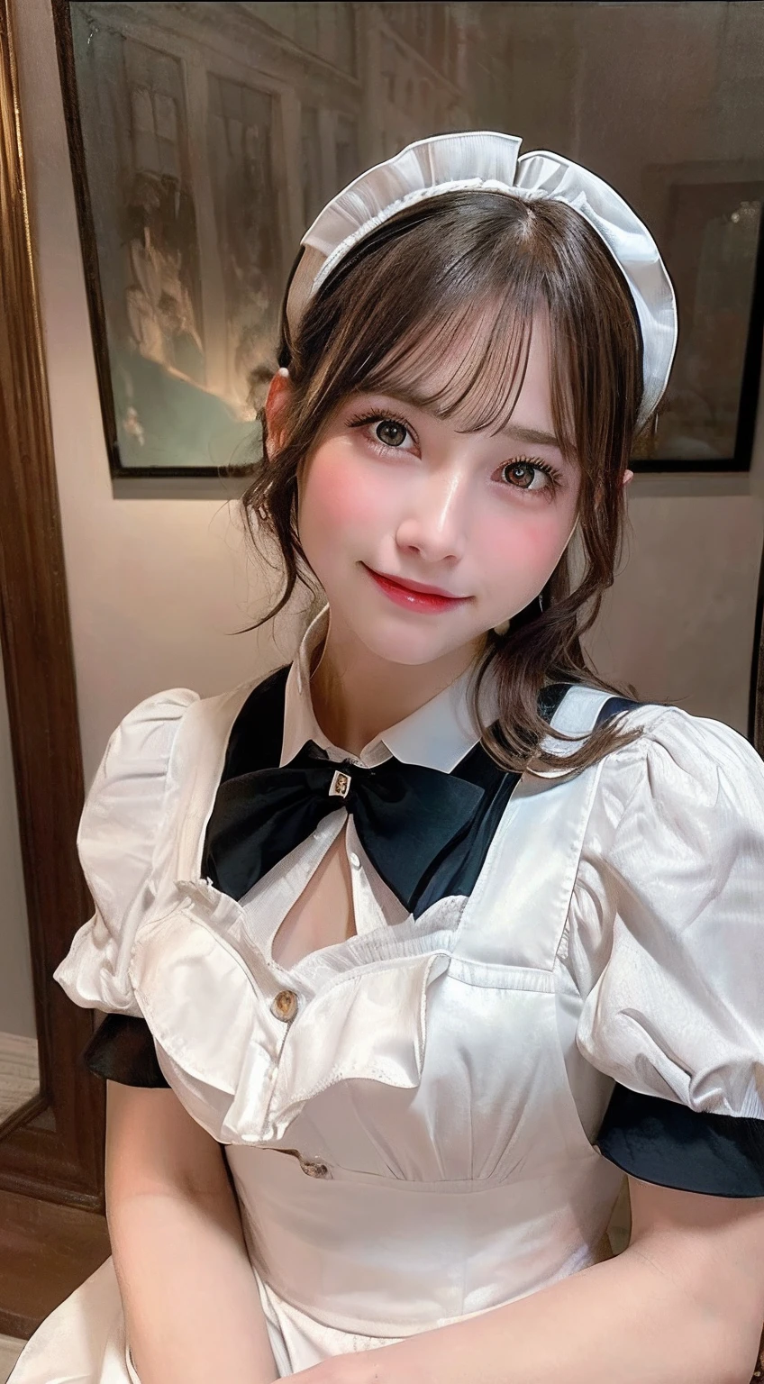(8k, RAW photo, best quality, masterpiece:1.2), High detail RAW color photo, professional photograph, cowboyshot, (realistic, photo realistic:1.37), ((best quality)), 1 girl, cinematic light, (finerly detailed face:1.2), (masterpiece:1.5), (best quality:1.2), (smiling:1.2), (looking at viewer:1.2), bowtie, (detailed maid:1.2)