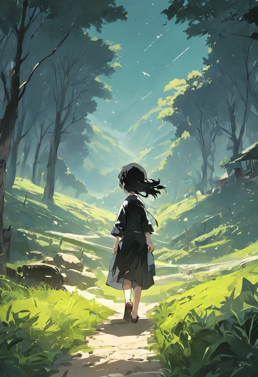 Black and white printmaking style，Vivid and delicate pastoral scenery，Village away from the hustle and bustle，Vast and calm fields，Winding paths，Lush woods，Cheerful birds flutter in the air，Farming cattle raised by hardworking farmers，Characters living in harmony with nature。