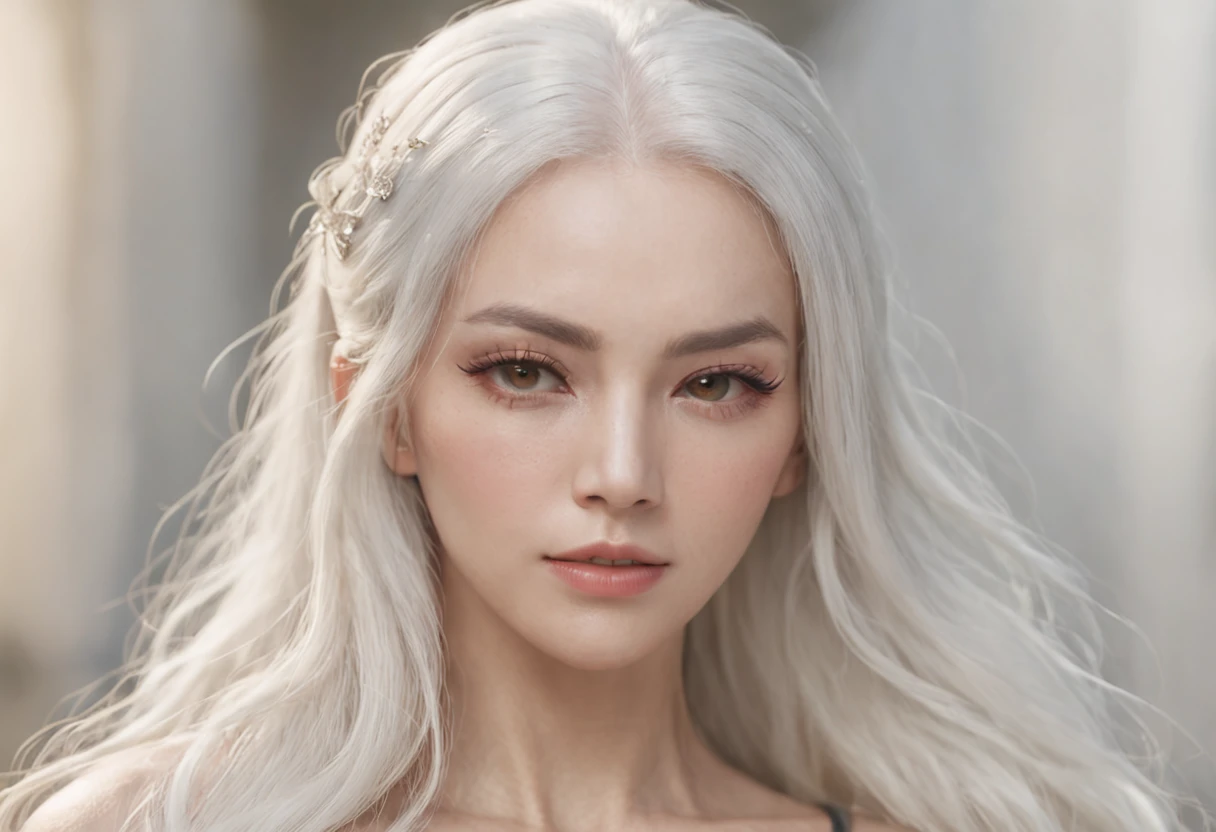 (highest image quality), (masterpiece), Highly detailed face and skin texture, photorealistic, high resolution, 1women, solo, hips up, look at viewer, (detailed face), white hair, very long hair, big breasts, Taoist, yellow clothes