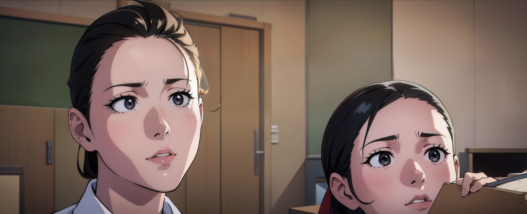 Anime scene, two girls looking up,1girl, black eyes, highschool girl, classroom background