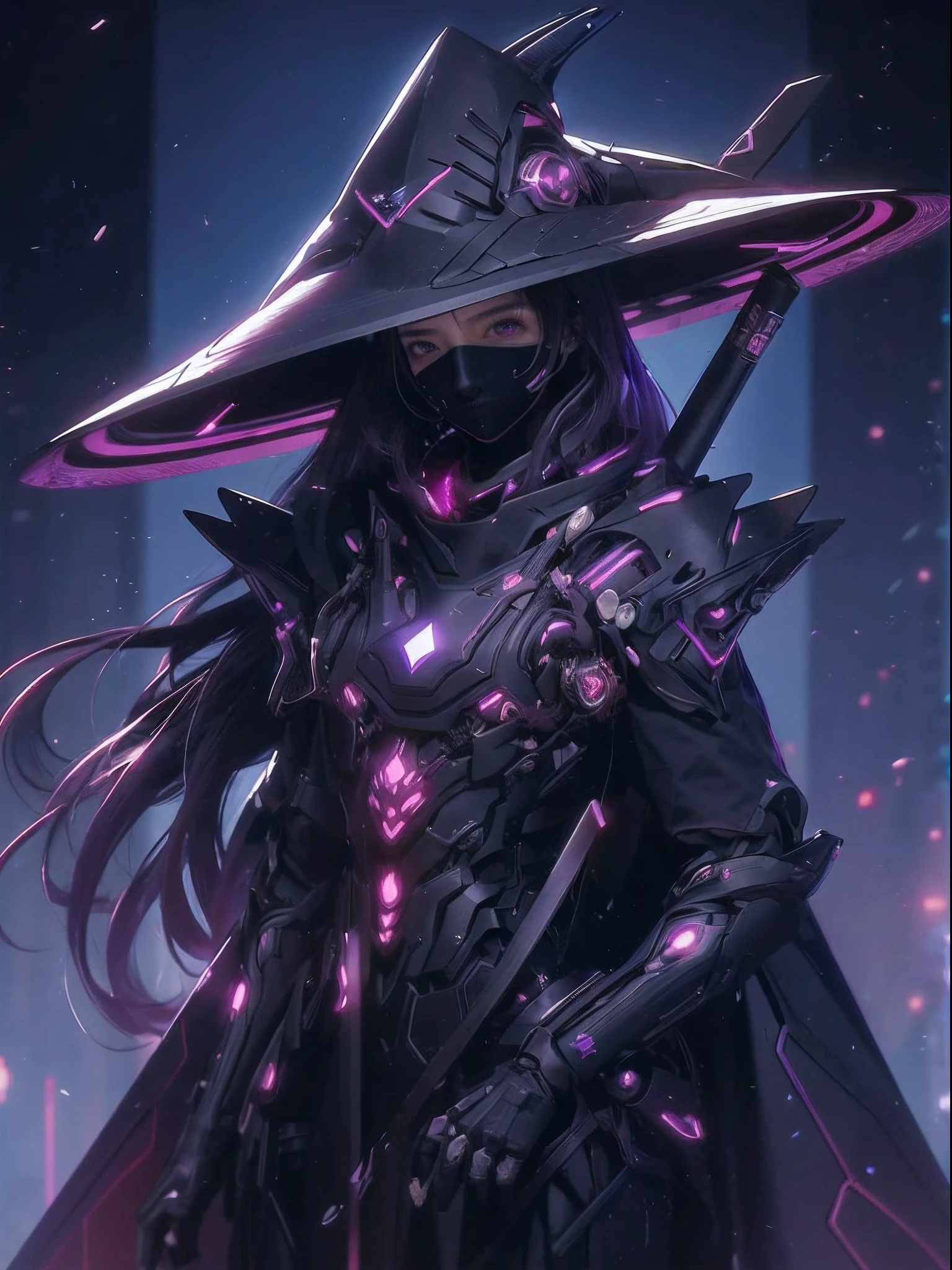 future suit, female, black, purple, hat, dark witch, from arknights, very beautiful cyberpunk samurai, anime cyberpunk art, mechanized witch girl, 8k high quality detailed art, best anime 4k konachan, solid metal texture,