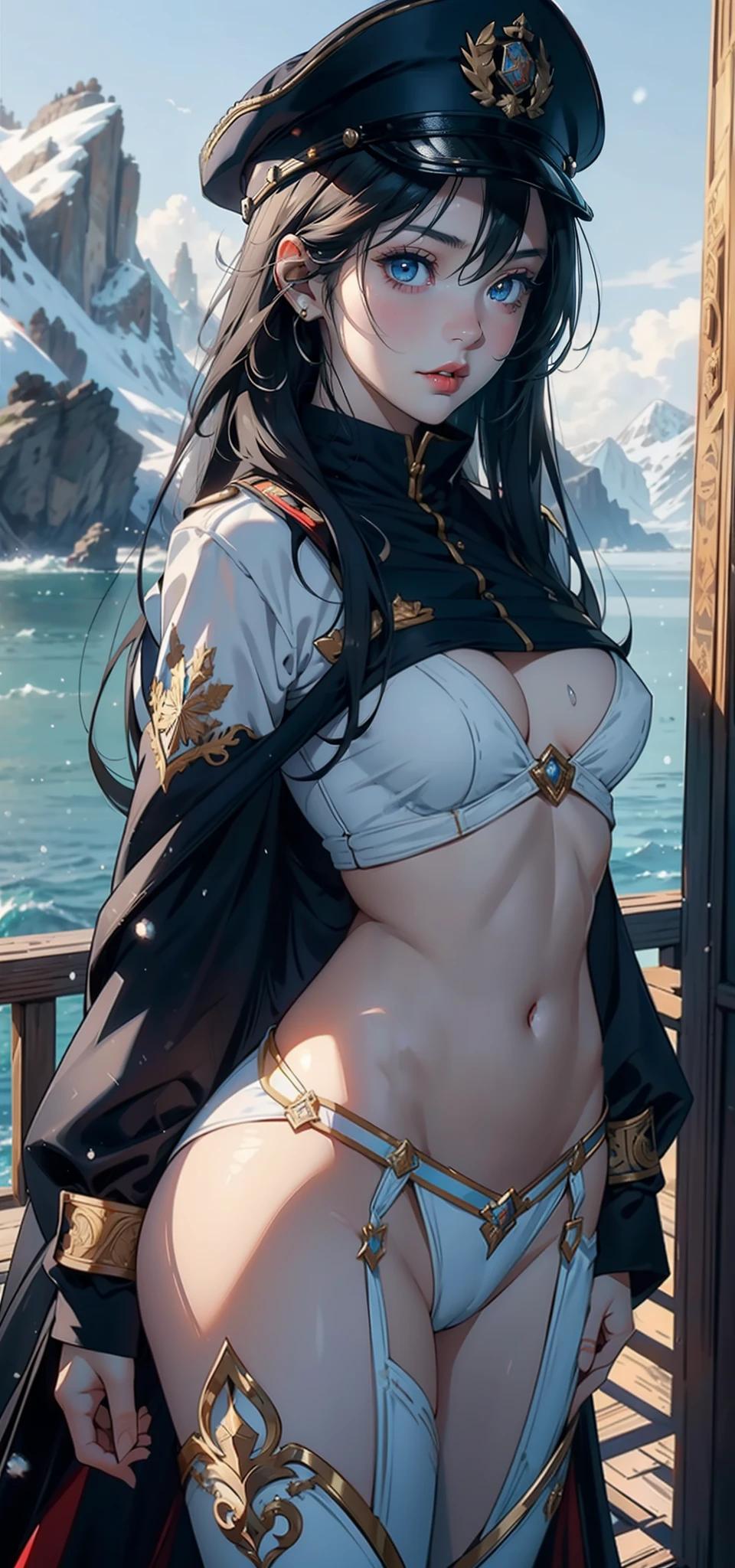 1womanl，3  girl，Small loli，smaunderboob，Big breasts Thin waist，long leges，Raised sexy，Pornographic exposure， 独奏，Beauty contests，standing on your feet（Background with：the sea，snow mountains，warships，at winter season，Blizzarding，Big snowflakes）On warships， with his long black hair，Long hair flutters in the wind，dynamicposes，Sweat profusely，drenched all over the body，seen from the front， hair straight， mostly cloudy sky，（（（tmasterpiece），（Very detailed CG unity 8K wallpaper），best qualtiy，cinmatic lighting，detailed back ground，beatiful detailed eyes，Bright pupils，（Very fine and beautiful），（Beautiful and detailed eye description），Blue eyes，Redlip，ultra - detailed，tmasterpiece，）），facing at camera，（The upper part of the body），A high resolution，ultra - detailed），revealing breasts，Bare genitalia，  Bulge，legs are open，sexyposture，Camel toes，Flushed complexion，Open-mouthed，frontage，Tsarist Russian officer，Officer's cap（Wearing：White cloak，down jacket，Winter officer uniform，Sexy leggings，Armour，Gold wire embroidery，Snowflake decoration）