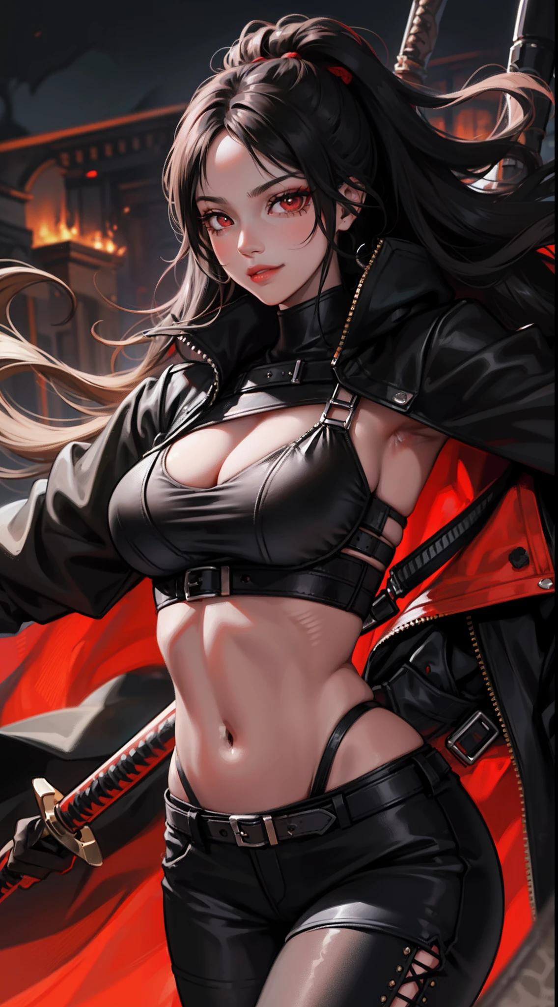 Adult woman, ebony, black skin, long curly black hair, red eyes, Bondage on the eye, musculature, Black hired tight top, Mercenary pants, arma, sword, smirk, Masterpiece, hiquality