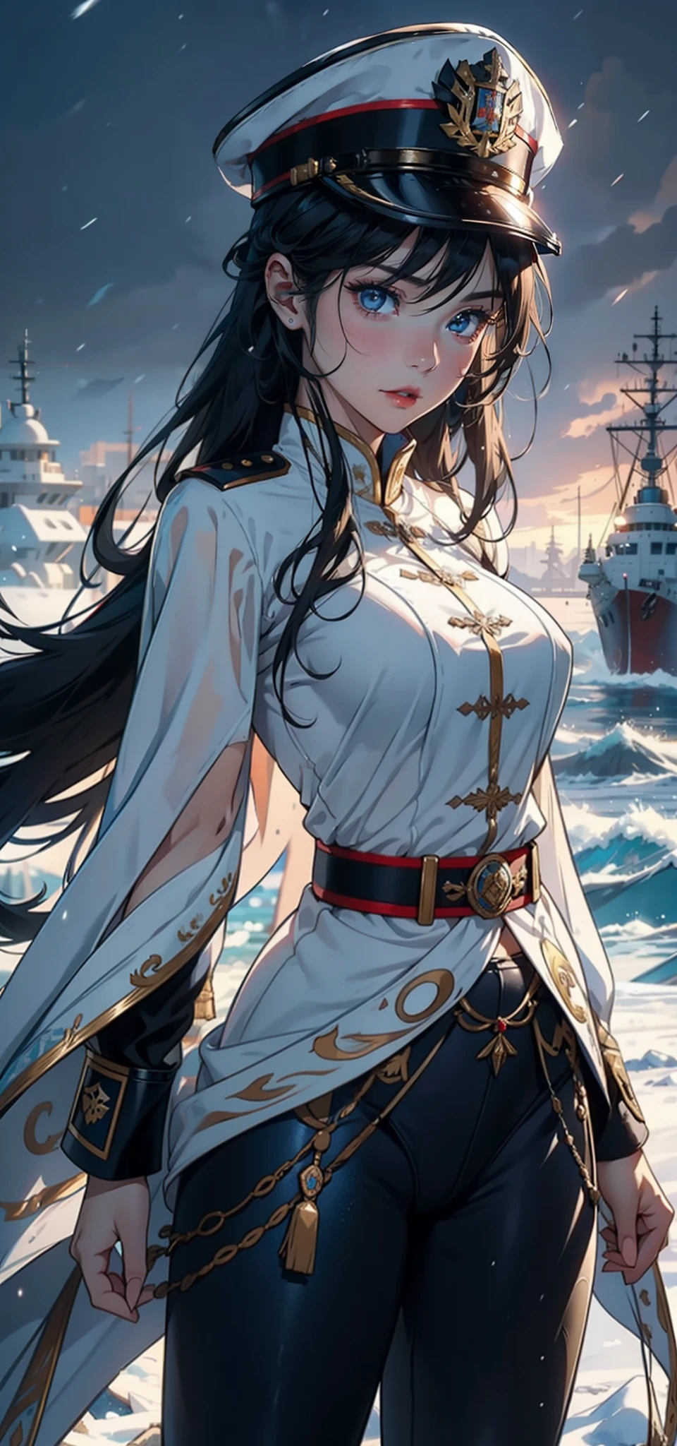 1womanl，3  girl，Small loli，smaunderboob，Big breasts Thin waist，long leges，Raised sexy，Pornographic exposure， 独奏，Beauty contests，standing on your feet（Background with：the sea，snow mountains，warships，at winter season，Blizzarding，Big snowflakes）On warships， with his long black hair，Long hair flutters in the wind，dynamicposes，Sweat profusely，drenched all over the body，seen from the front， hair straight， mostly cloudy sky，（（（tmasterpiece），（Very detailed CG unity 8K wallpaper），best qualtiy，cinmatic lighting，detailed back ground，beatiful detailed eyes，Bright pupils，（Very fine and beautiful），（Beautiful and detailed eye description），Blue eyes，Redlip，ultra - detailed，tmasterpiece，）），facing at camera，（The upper part of the body），A high resolution，ultra - detailed），revealing breasts，Bare genitalia，  Bulge，legs are open，sexyposture，Camel toes，Flushed complexion，Open-mouthed，frontage，Tsarist Russian officer，Officer's cap（Wearing：White cloak，down jacket，Winter officer uniform，Sexy leggings，Armour，Gold wire embroidery，Snowflake decoration）