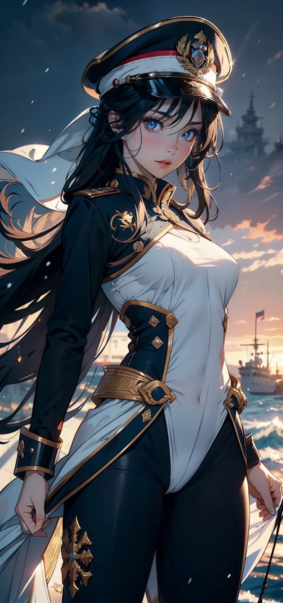 1womanl，3 year old girl，Small loli，smallunderboob， Big breasts Thin waist，long leges，Raised sexy，Pornographic exposure， 独奏，Beauty contests，standing on your feet（Background with：the sea，snow mountains，warships，at winter season，Blizzarding，Big snowflakes）On warships， with his long black hair，Long hair flutters in the wind，dynamicposes，Sweat profusely，drenched all over the body，seen from the front， hair straight， mostly cloudy sky，（（（tmasterpiece），（Very detailed CG unity 8K wallpaper），best qualtiy，cinmatic lighting，detailed back ground，beatiful detailed eyes，Bright pupils，（Very fine and beautiful），（Beautiful and detailed eye description），Blue eyes，Redlip，ultra - detailed，tmasterpiece，）），facing at camera，（The upper part of the body），A high resolution，ultra - detailed），revealing breasts，Bare genitalia，  Bulge，legs are open，sexyposture，Camel toes，Flushed complexion，Open-mouthed，frontage，French officer，Officer's cap，elementary student（Wearing：White cloak，down jacket，White winter officer uniform，Sexy leggings，Armour，Gold wire embroidery，Snowflake decoration）