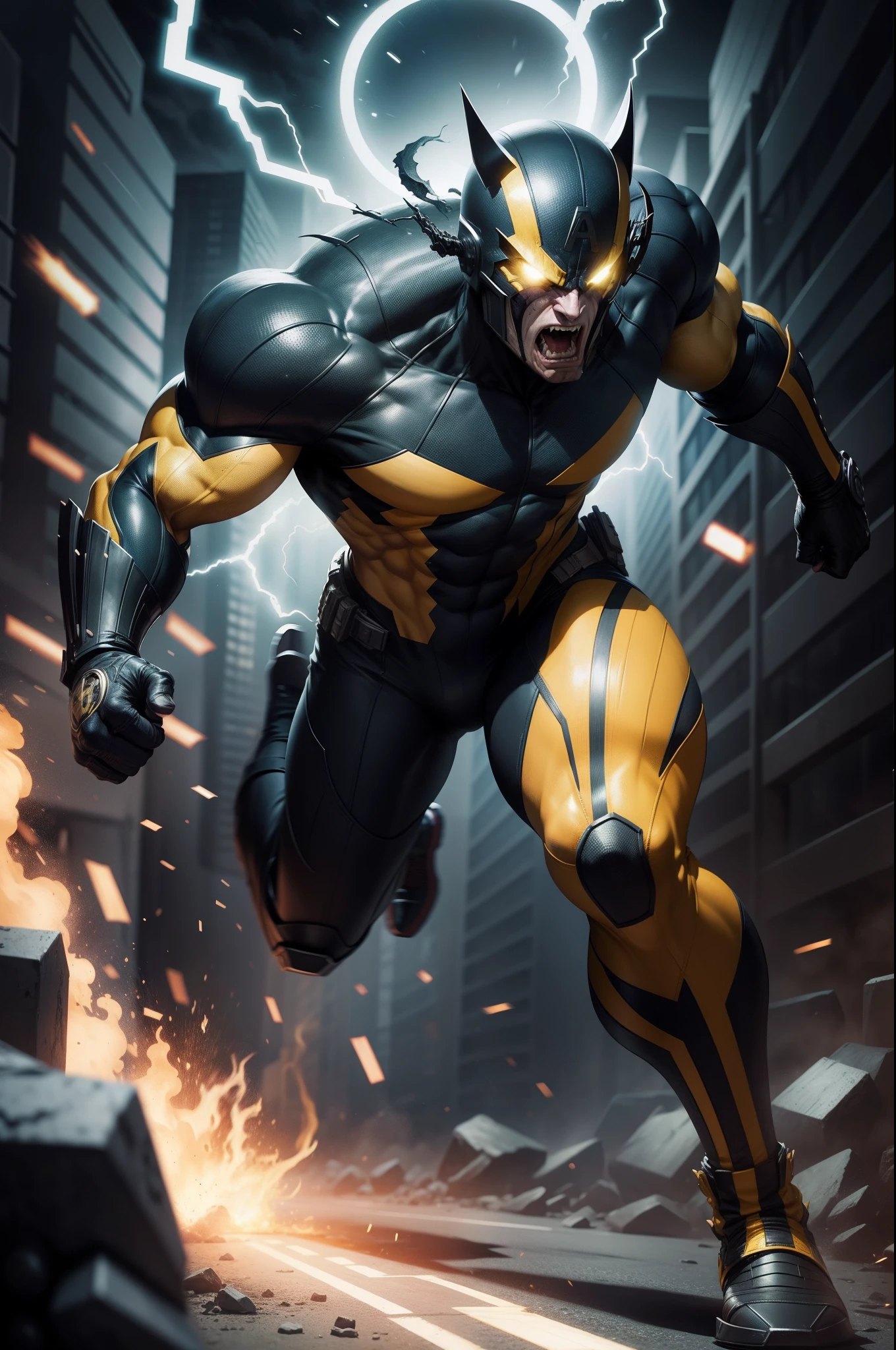 shocker villain running while looking scared, night, marvel comics, highly detailed, high resolution
