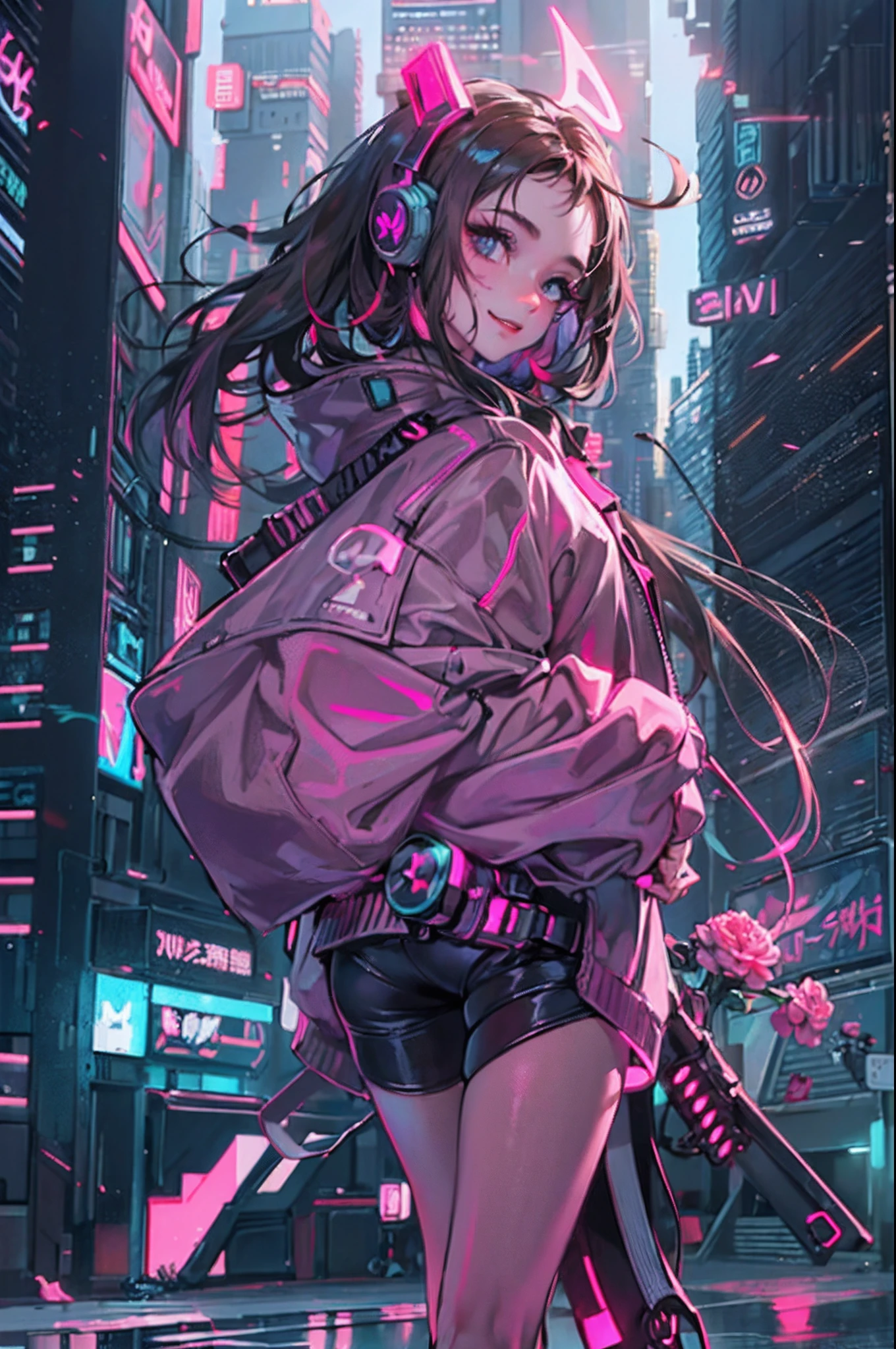 1male people、(A handsome man:1.4)、(A confident smile:1.2)、(30 age old)、(brunette color hair)、(Top image quality)、(8K picture quality)、(cyber punk perssonage)、(masutepiece)、(Wear a military uniform with a shiny cyberpunk hood)、(A confident smile:1.2)、(Full body photo)、(Excessive glowing flowers flying:1.5)、cinematric light, Cinema Shadow, Sharp Images, Extremely detailed, volumetr, bright sprite, particle effect, beautiful effects, Vivid colors, neonlight, (pink neon lights:1.5), Highly detailed image textures, detailed hairs, Detailed face, Detailed eyes, Full body photo, City、Dark hair、A shimmering red halo、Photo from the knee up、beautiful effects, Vivid colors, Highly detailed image textures, detailed hairs, Detailed eyes,(cyberpunk city landscape:1.5)、