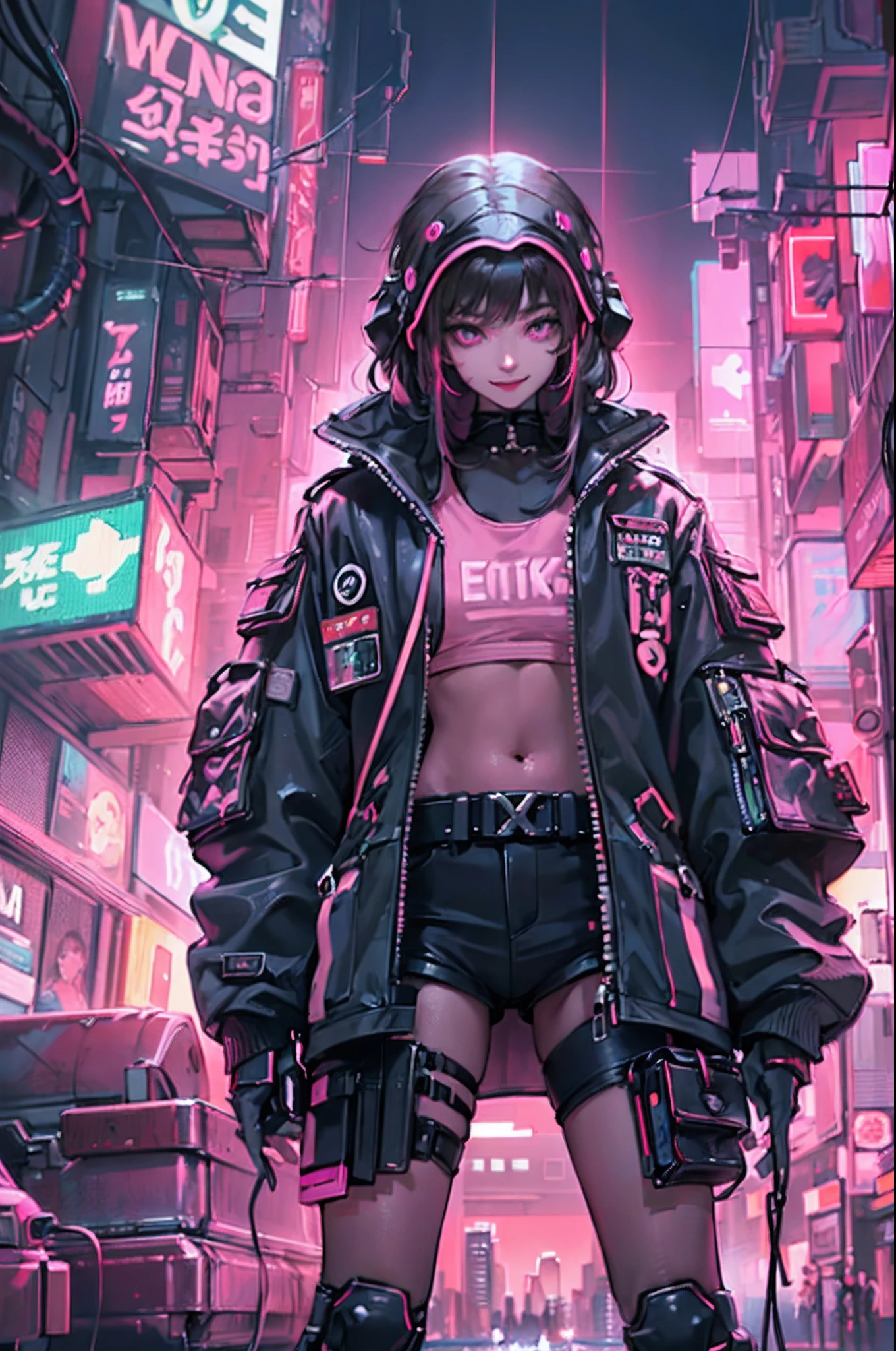 1male people、(A handsome man:1.4)、(A confident smile:1.2)、(30 age old)、(brunette color hair)、(Top image quality)、(8K picture quality)、(cyber punk perssonage)、(masutepiece)、(Wear a military uniform with a shiny cyberpunk hood)、(A confident smile:1.2)、(Full body photo)、(Excessively glowing flowers fly:1.5)、cinematric light, Cinema Shadow, Sharp images, Extremely detailed, volumetr, bright sprite, Particle effect, beautiful effects, Vivid colors, neonlight, (pink neon lights:1.5), Highly detailed image textures, detailed hairs, Detailed face, Detailed eyes, Full body photo, City、Dark hair、A shimmering red glow、Photo from the knee up、beautiful effects, Vivid colors, Highly detailed image textures, detailed hairs, Detailed eyes,(cyberpunk city landscape:1.5)、