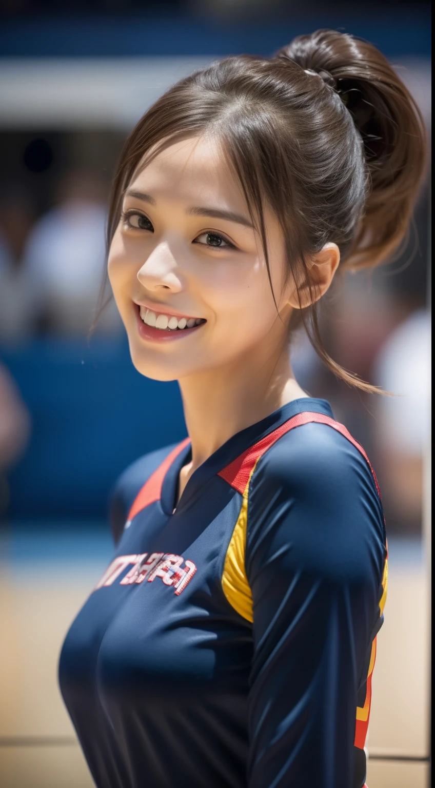 ((masutepiece, Highest quality, super definition, high resolution)), ((body shot:1.5)), Looking back, (1 slender woman of Japan, 28 years old), Sony A7, filmgrain, A dark night, Photorealistic, one-point perspective, diffused reflections, colorful shiny particles, Lens flare, Soft lighting, Seductive smile, Dark brown hair, ((Hair up)), (basketball suit:1.2), com rosto detalhado, Detailed eyes, Double eyelids, Huge breasts:1.2, Rest basketball court, The audience was excited, Confetti flies, Happy smile, High quality, 4K,