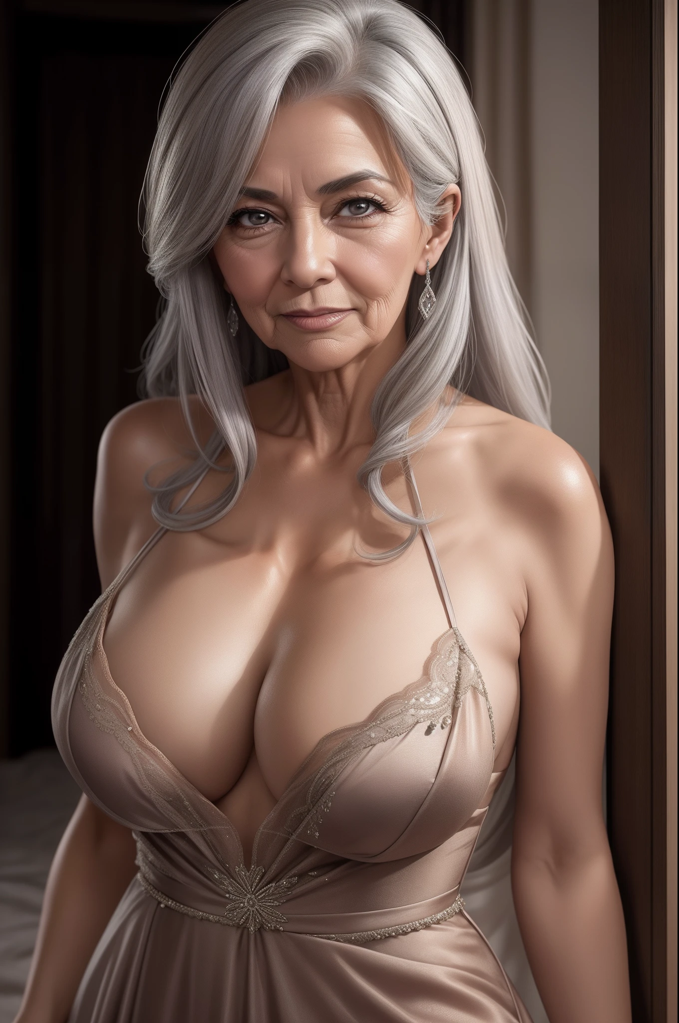 portrait of a 60-year-old woman with gray hair, seductive gaze, brown eyes, some wrinkles on her face, she is wearing a very sexy evening dress that reveals a large sagging breast, 32k