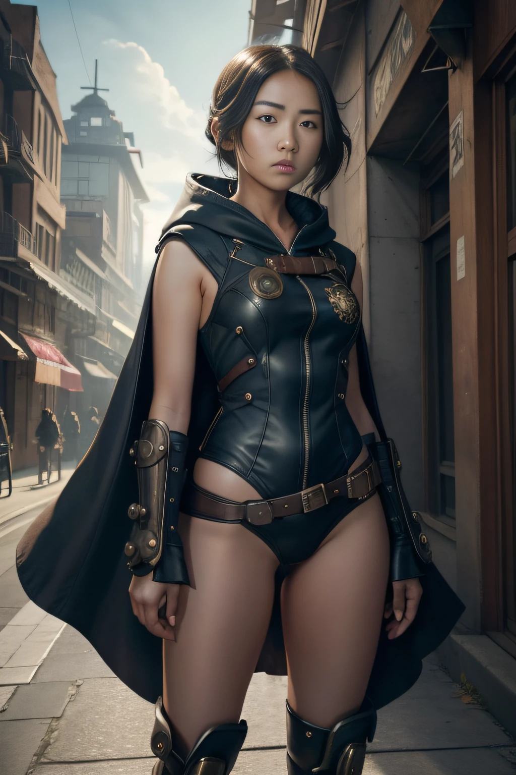 1 girl, young, 16 year old, Asian girl, full body from head to toe, realistic, realistic face, realistic eyes, worried, looks over her shoulder, side lighting, wallpaper, looks at viewer, futuristic steampunk buildings in background, long cape and sleeveless hood, cut out front of one piece swimsuit, ground earth, outdoor, hold steampunk sword in left hand, fly in sky with steampunk jet pack, dragon logo,