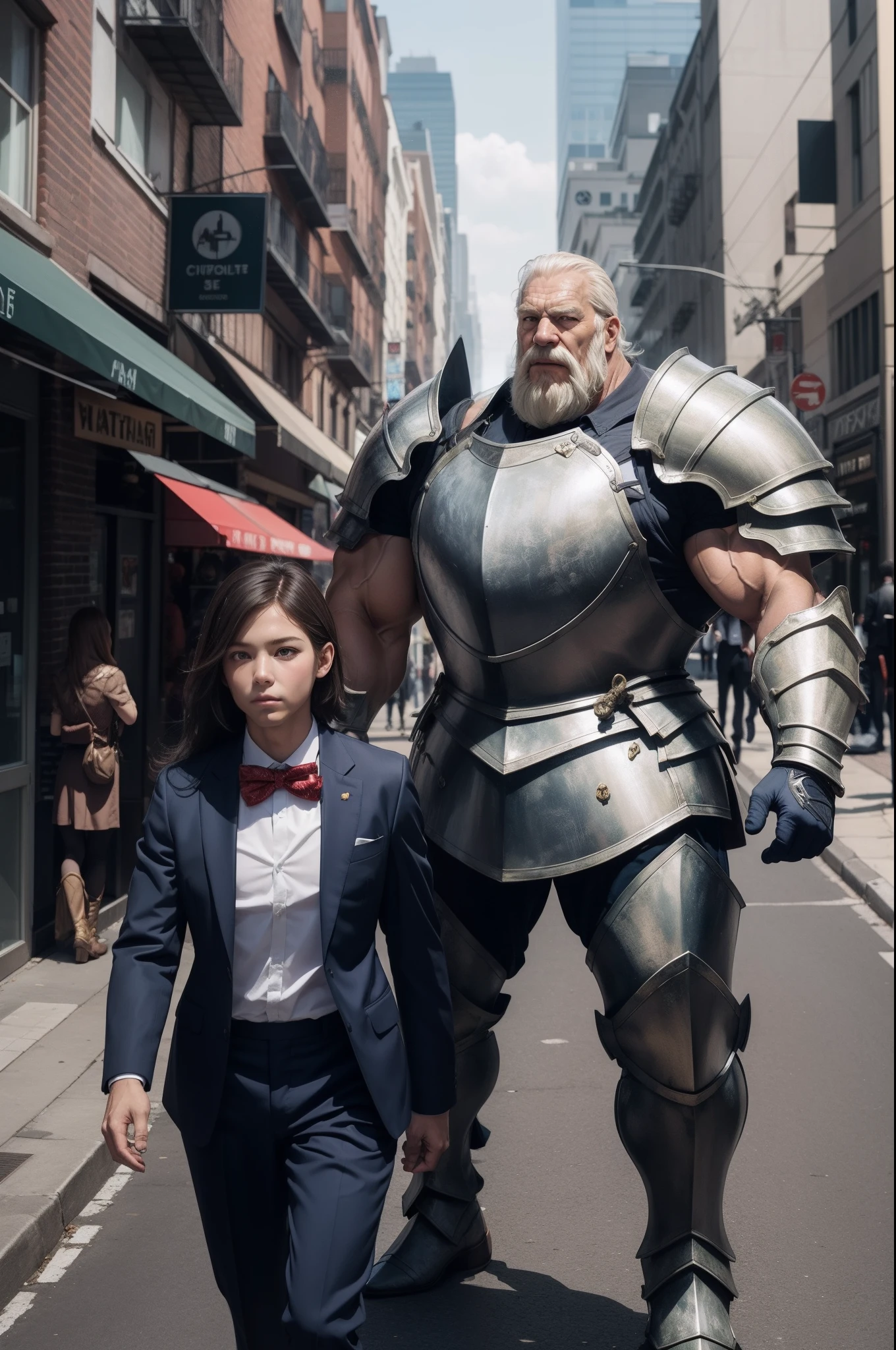 ((1boy)a muscular old man wearing armor in a city) and ((1girl) a women wearing suits)