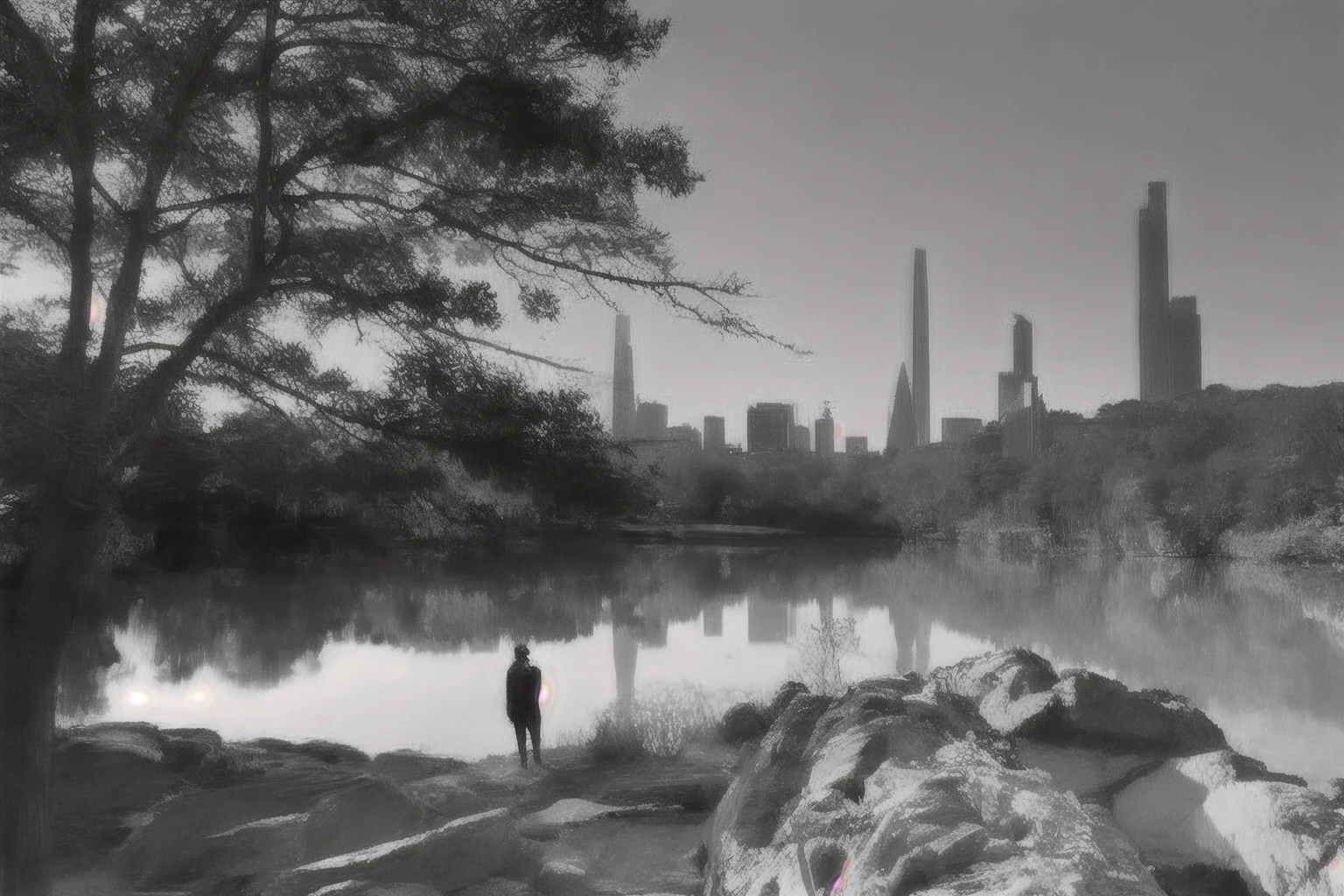 Vista de un hombre parado en una roca con vistas a un lago, The New York Zoo in the background, Parque Central, Contemplando, 4K grayscale HD photography, Mirando a la ciudad, inspirado por Jerry Schatzberg, desde la distancia, reflector, Contemplativo, soledad, contemplation, Primer plano rocoso, Marcados contrastes, desde lejos, black and white photograph