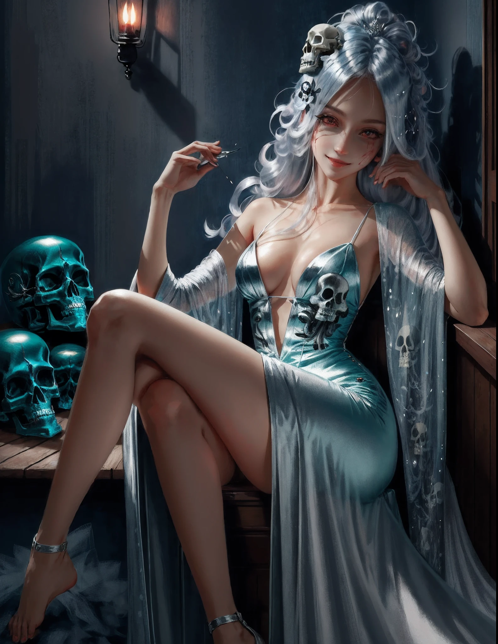 masterpiece, night, best quality, comic, bishoujo, magical_girl, long hair, silver hair, skull hair ornament, blood on face, seductive smile, red eyes, crazy eyes, medium breasts, cleavage dress, bare legs, leg_lift, crossed_legs, head tilt,