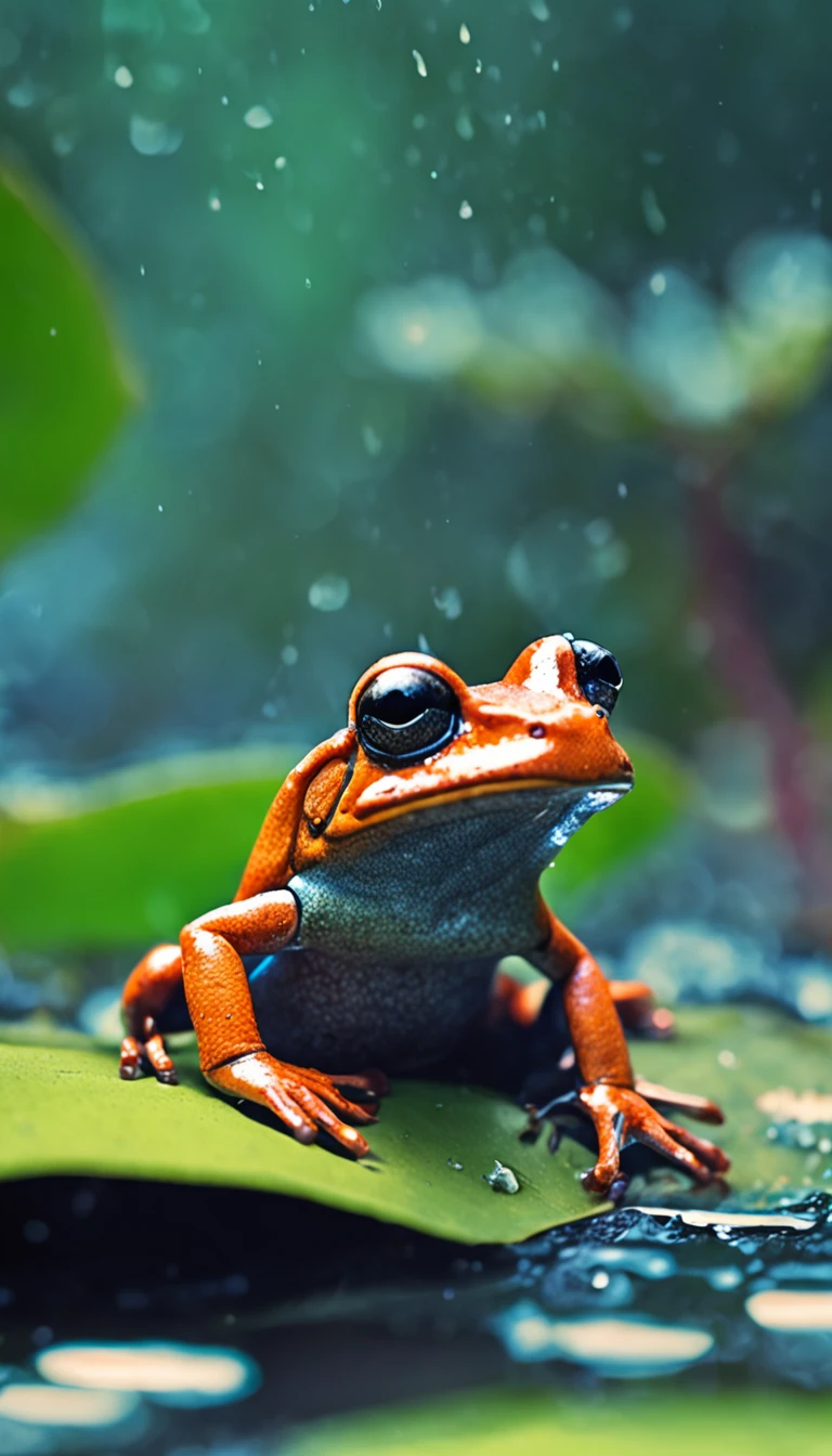 microcosm , Masterpiece , macro photography , cobweb, filmgrain, Bokeh , Smoke , Highly detailed, Sunny Sunny weather, Microflower, The drops, bblurry, Close-up of 1 realistic frog sitting on 1 full lotus canopy:1.5, Azure background, subdued contrasts, rendering by octane , illusory engine