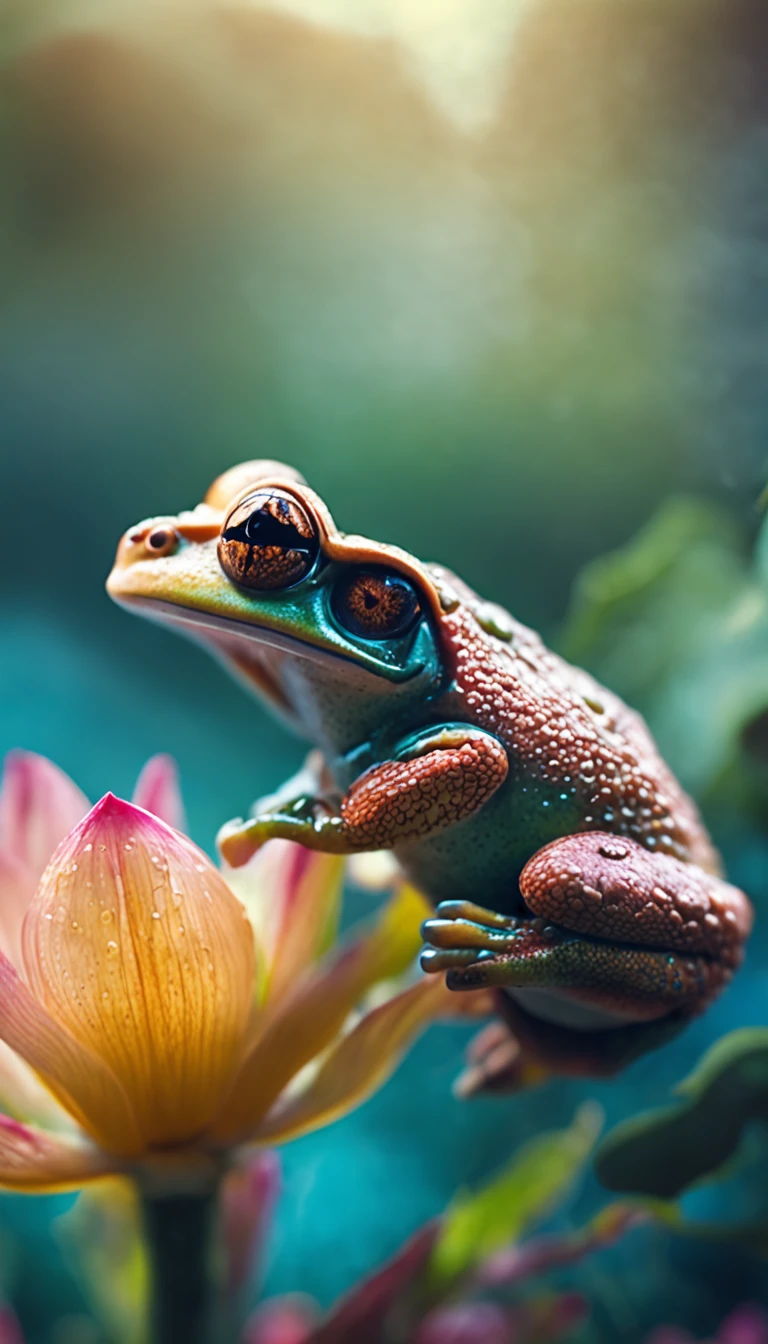 microcosm , Masterpiece , macro photography , cobweb, filmgrain, Bokeh , Smoke , Highly detailed, Sunny Sunny weather, Microflower, The drops, bblurry, Close-up of 1 realistic frog sitting on 1 full lotus canopy:1.5, Azure background, subdued contrasts, rendering by octane , illusory engine