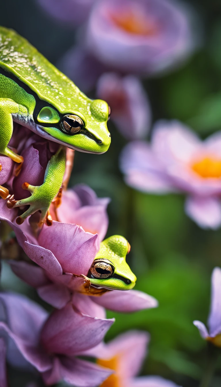 microcosm , Masterpiece , macro photography , cobweb, filmgrain, Bokeh , Smoke , Highly detailed, Sunny Sunny weather, Microflower, The drops, bblurry, Close-up of 1 realistic frog sitting on 1 full lotus canopy：1.5, Azure background, subdued contrasts, rendering by octane , illusory engine