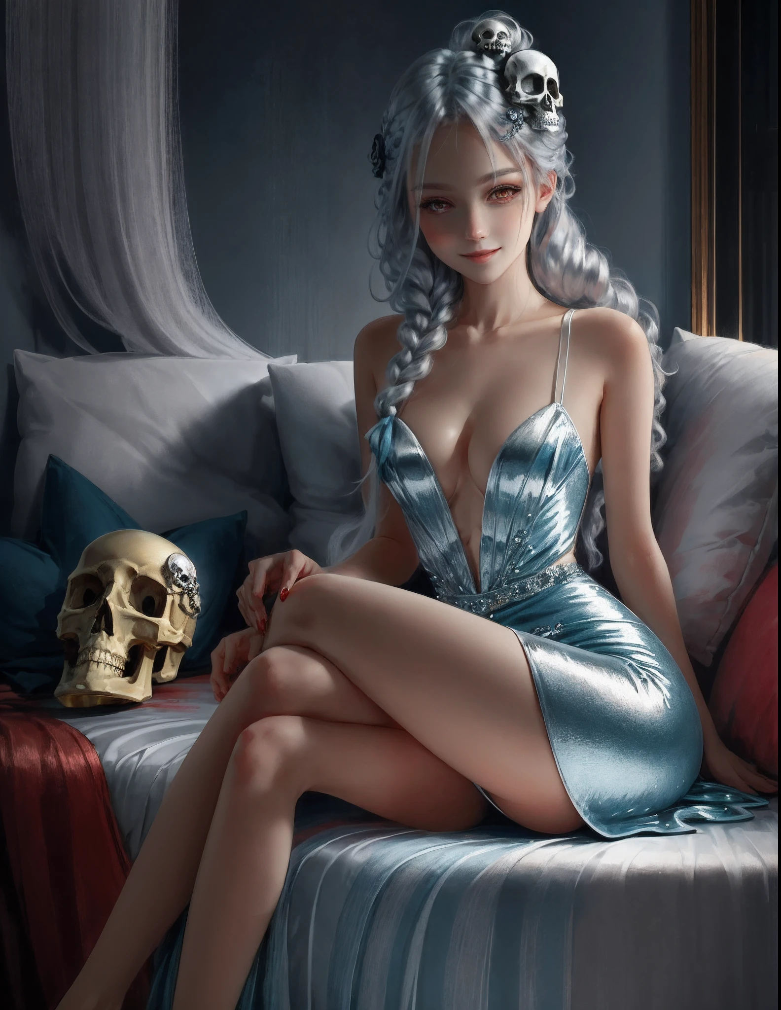 masterpiece, night, best quality, comic, bishoujo, magical_girl, long hair, silver hair, skull hair ornament, blood on face, seductive smile, red eyes, crazy eyes, medium breasts, cleavage dress, bare legs, leg_lift, crossed_legs, head tilt,
