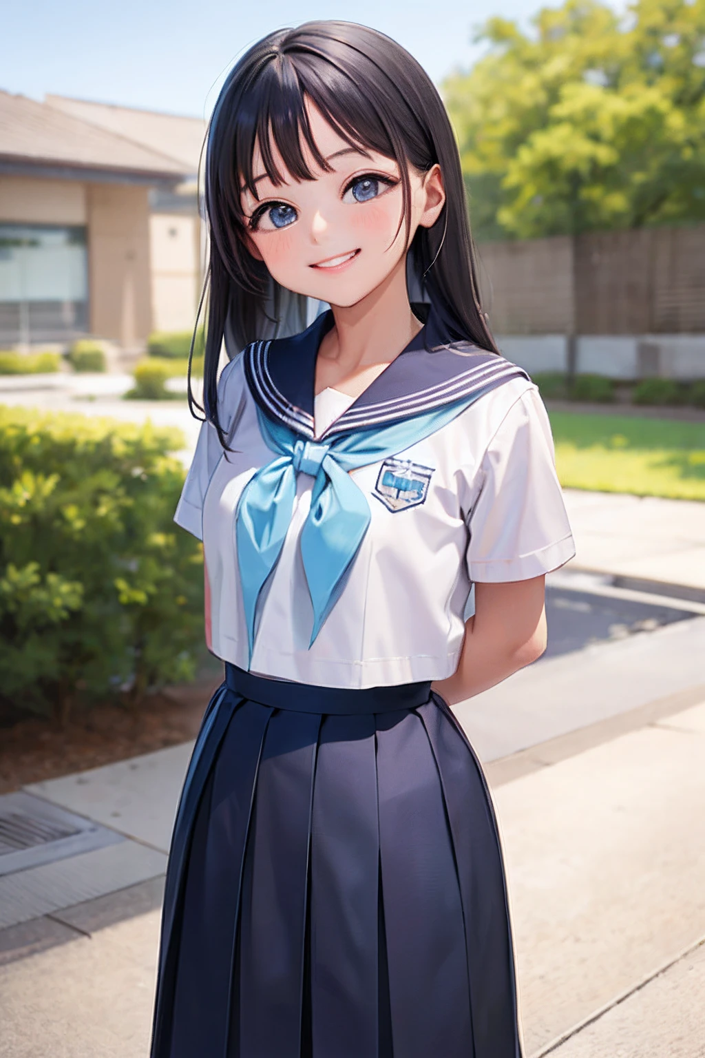 (masterpiece, best quality:1.2), cowboy shot, solo, 1girl, akebi komichi, smile, closed mouth, looking at viewer, arms behind back, school uniform, serafuku, pleated skirt