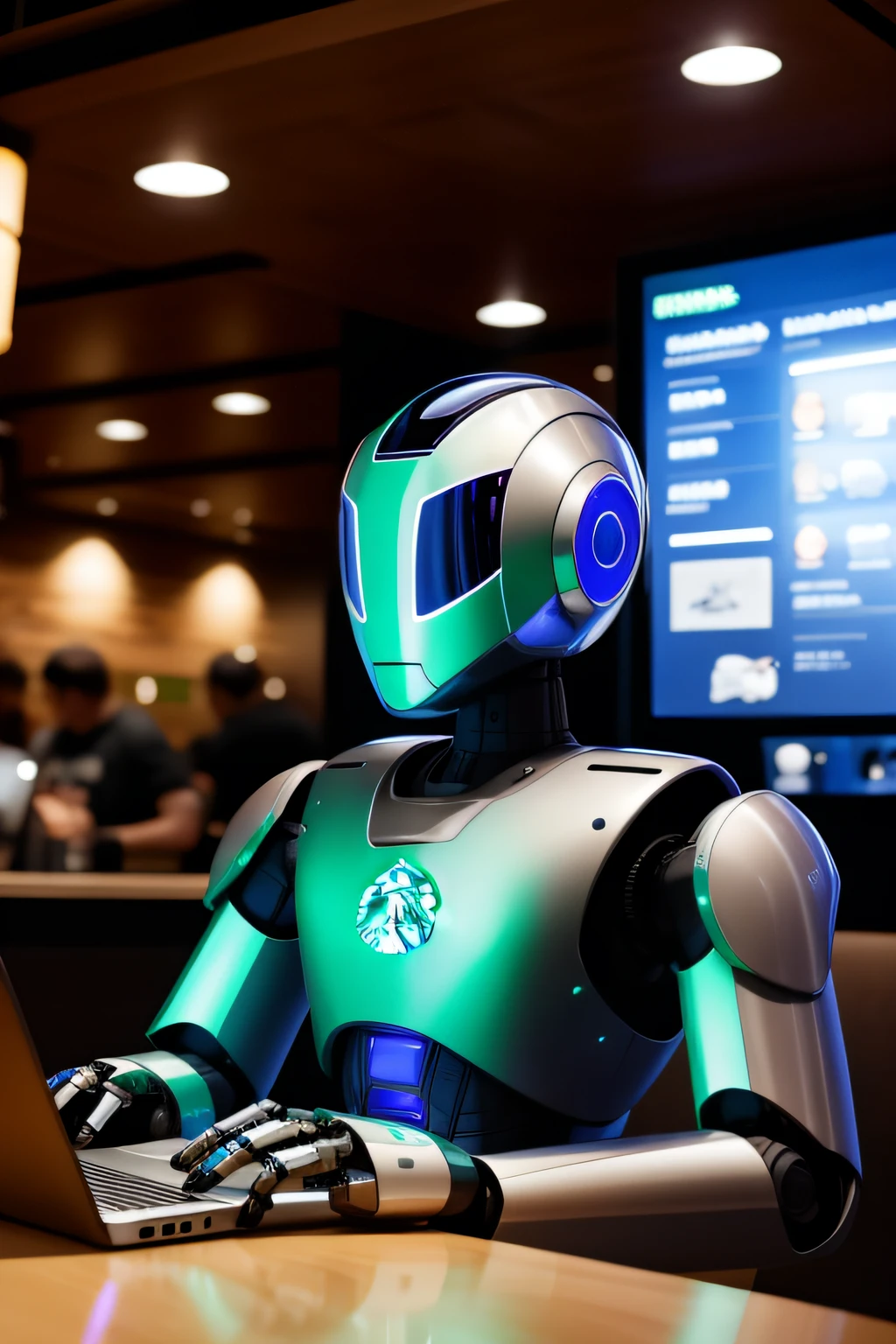 robot sitting in starbucks looking at a laptop
