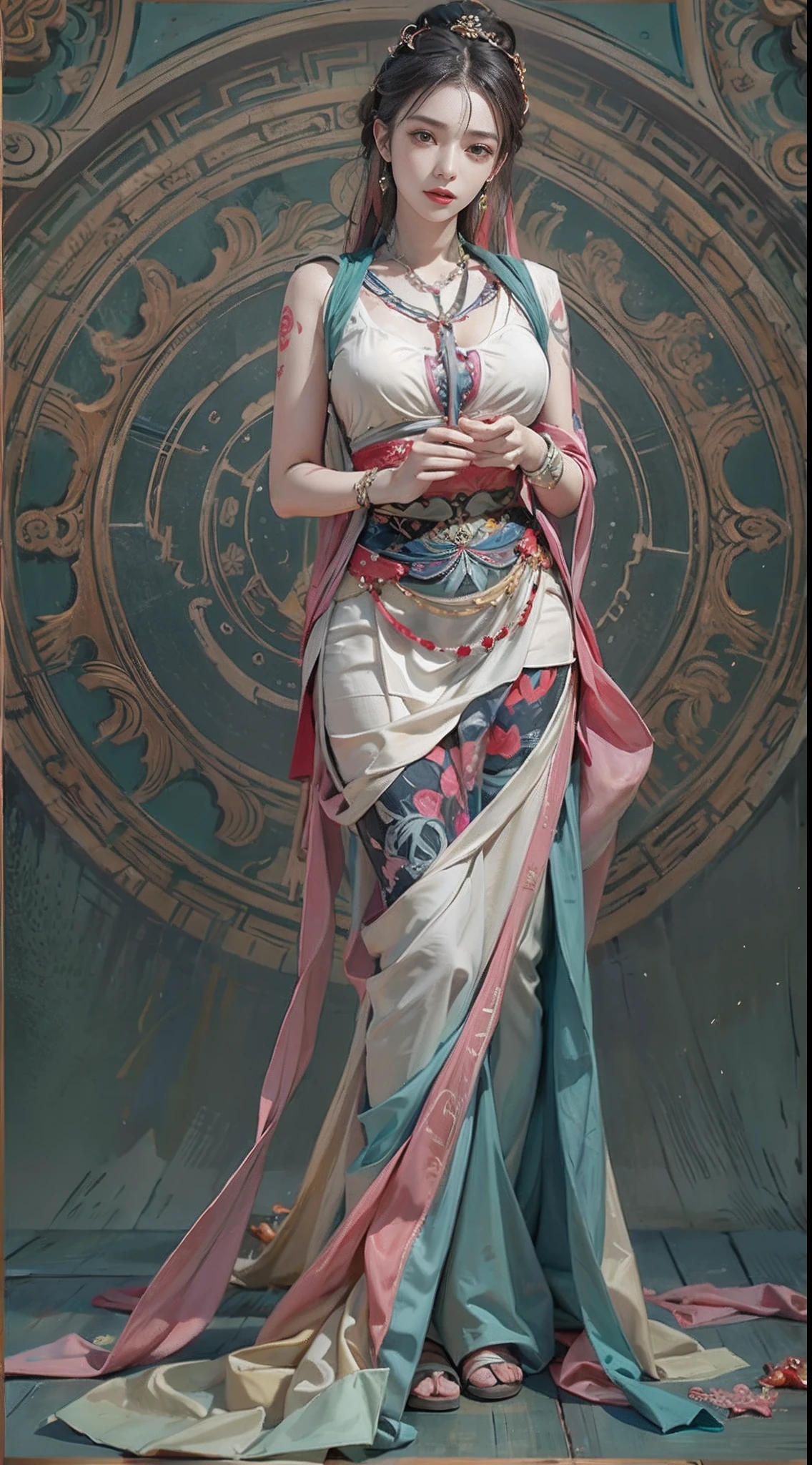 Photorealistic, high resolution, 1womanl, Solo, Hips up, view the viewer, (Detailed face), dunhuang_dress, jewelry, tattoo