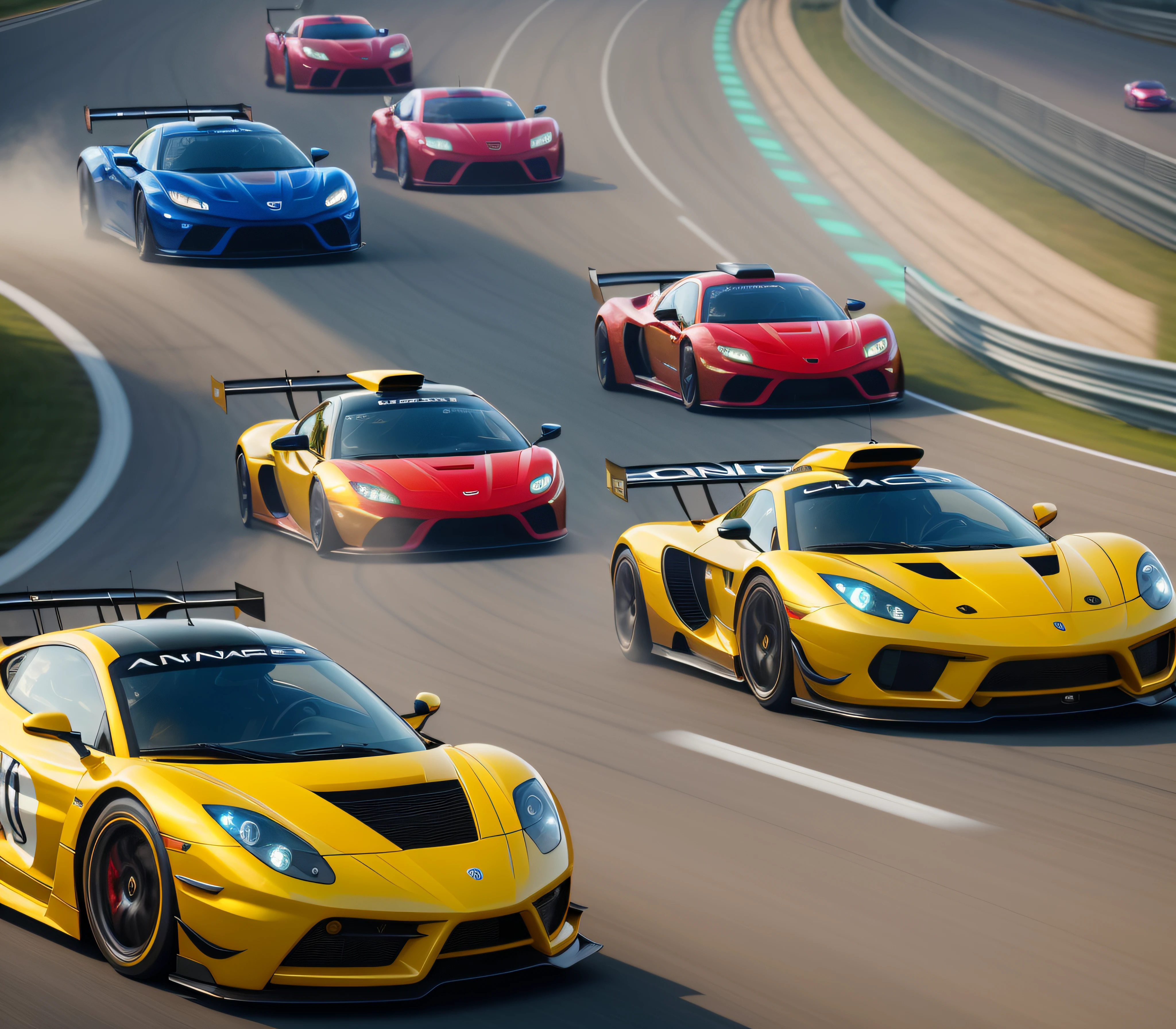 Several cars raced with multiple cars on the track, CG art, Many exotic cars, ethnicity, new ai race, Game CG, massive vertical grand prix race, Powers, best on adobe stock, 3840 x 2160, 3840 x 2160, 8 k octane comprehensive render, crisp smooth lines,black hair, hair bobbles, wince, longeyelashes, solid circle eyes, fake animal ears, light smile, ear blush, fang, Surrealism, drop shadow, anaglyph, stereogram, tachi-e, pov, atmospheric perspective, cinematic lighting, chiaroscuro, motion blur, ray tracing, 8k, super detail, ccurate, best quality