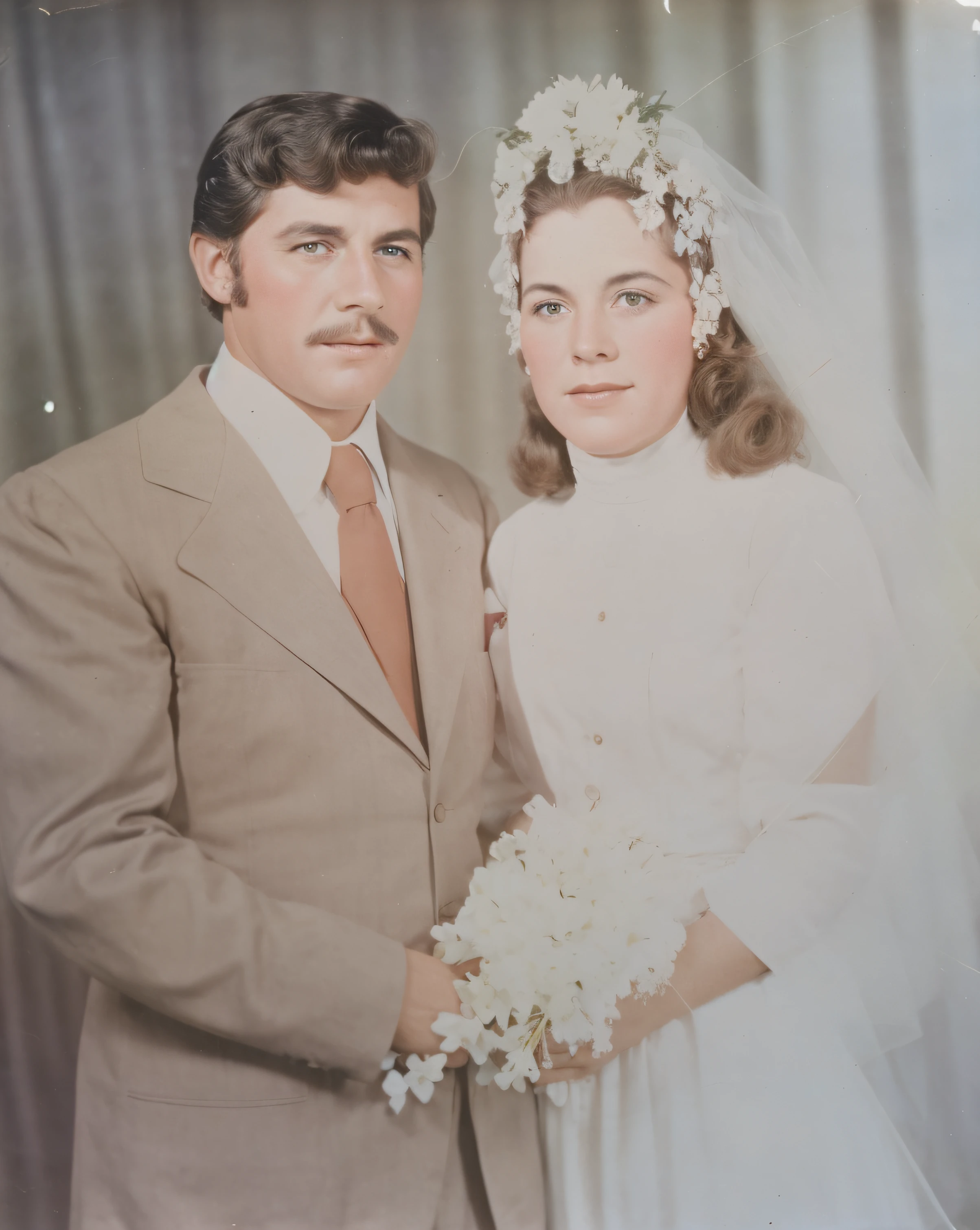 Hay un hombre y una mujer posando para una foto en una foto de boda, Foto de boda, Foto vintage en color, foto en color, foto restaurada, old color photograph, 1979, 1 9 7 9, Retrato de parejas, Retrato de pareja, Una foto coloreada, foto coloreada, 1960s color photograph, Foto antigua en color, Foto coloreada, Color restaurado