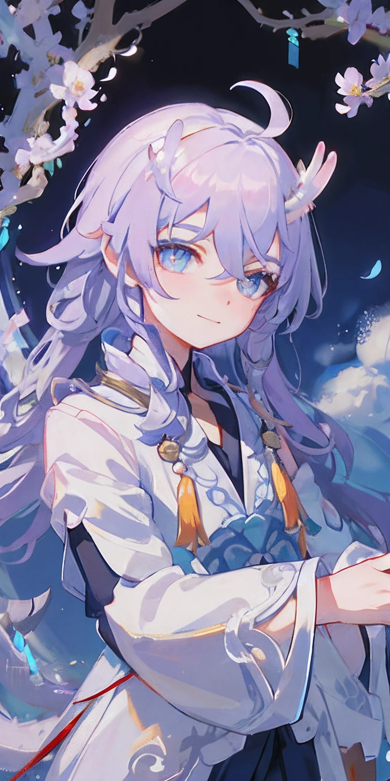 (Masterpiece), (Excellent), (Extremely fine), White dew, Square, spectator, Dragon tail horn, Upper body, Flowers, Streamers, Clouds,More details about the eyes,flickering eyes,smile