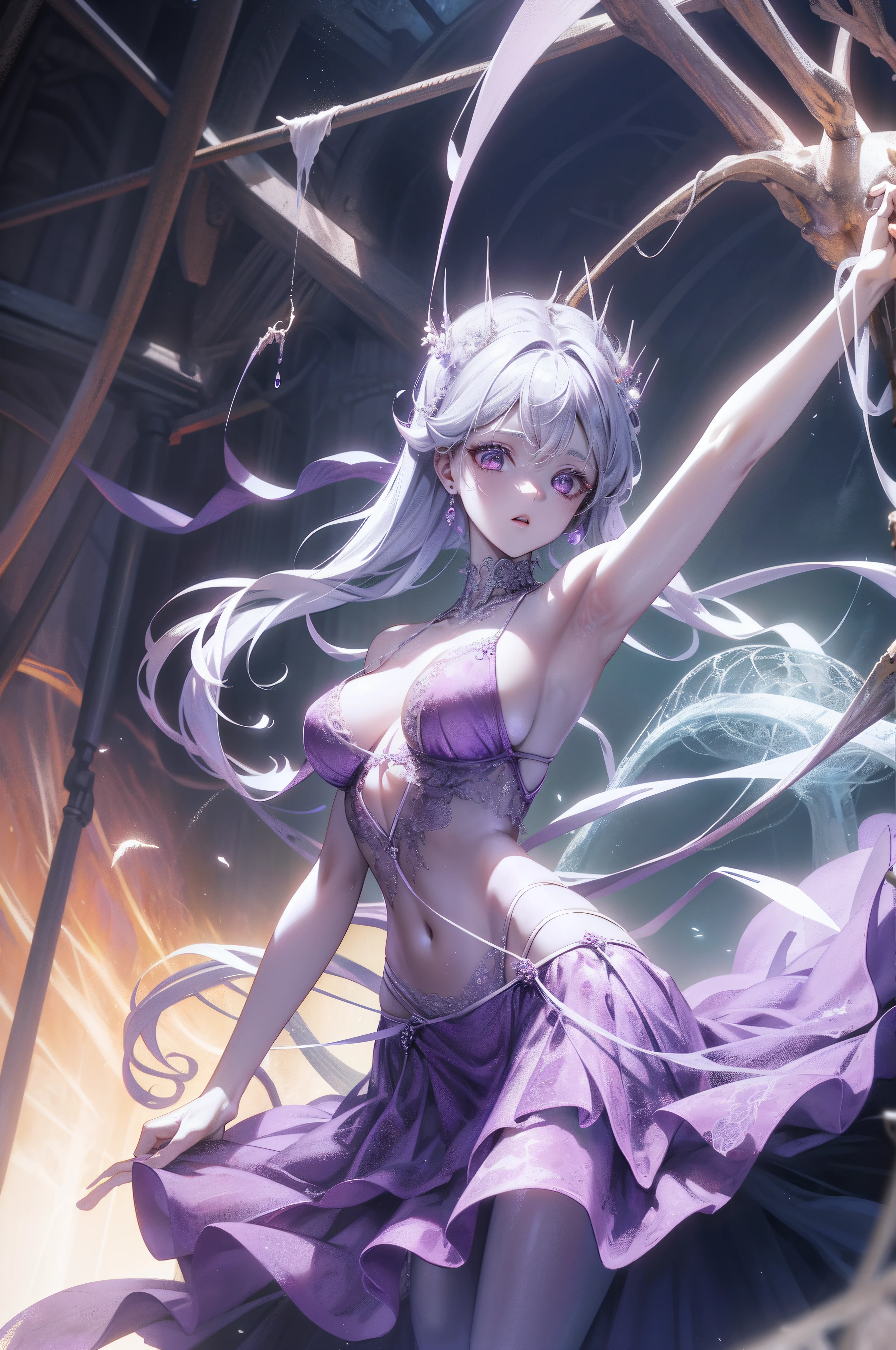 In a cave, White cobwebs, A purple spider, personification, On the spider web, The back has spider legs, Full body like, long leges, unholy, Tangled in the cobweb,Enchanted, Textured skin, Super detail, Award-Awarded, Best quality, Masterpiece