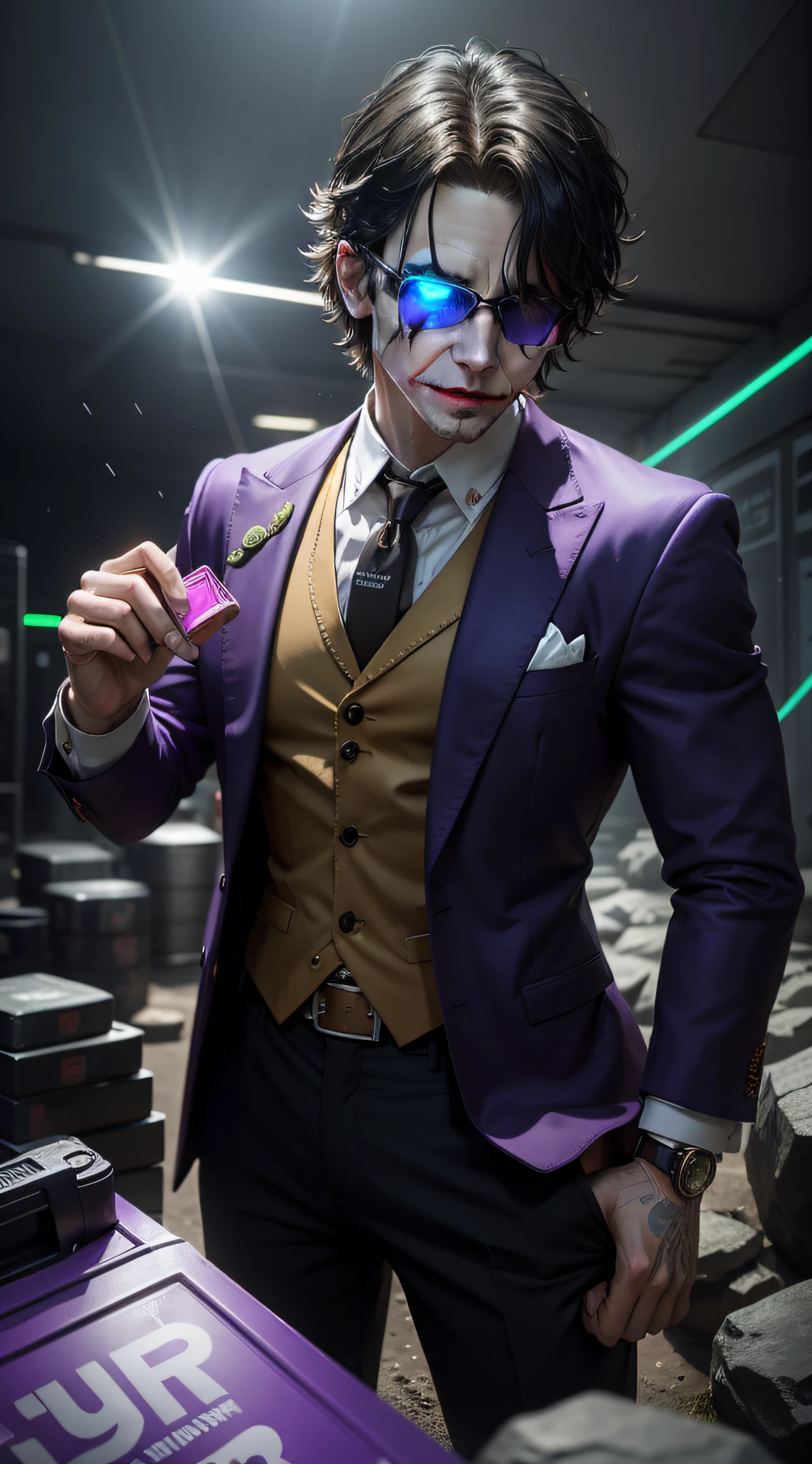 joker holding whey supplement thrown up with rays and energy coming out of the container,
background with rocks floating with neon lights, ground broken with stones, purple, green, rays, energy,
neon lights, ultrarealistic, photorealistic, dust particles, photographed with Nikon D850
camera with a Nikkor 24-70mm f/2.8E ED VR lens, --ar 9:16 --v 5.1