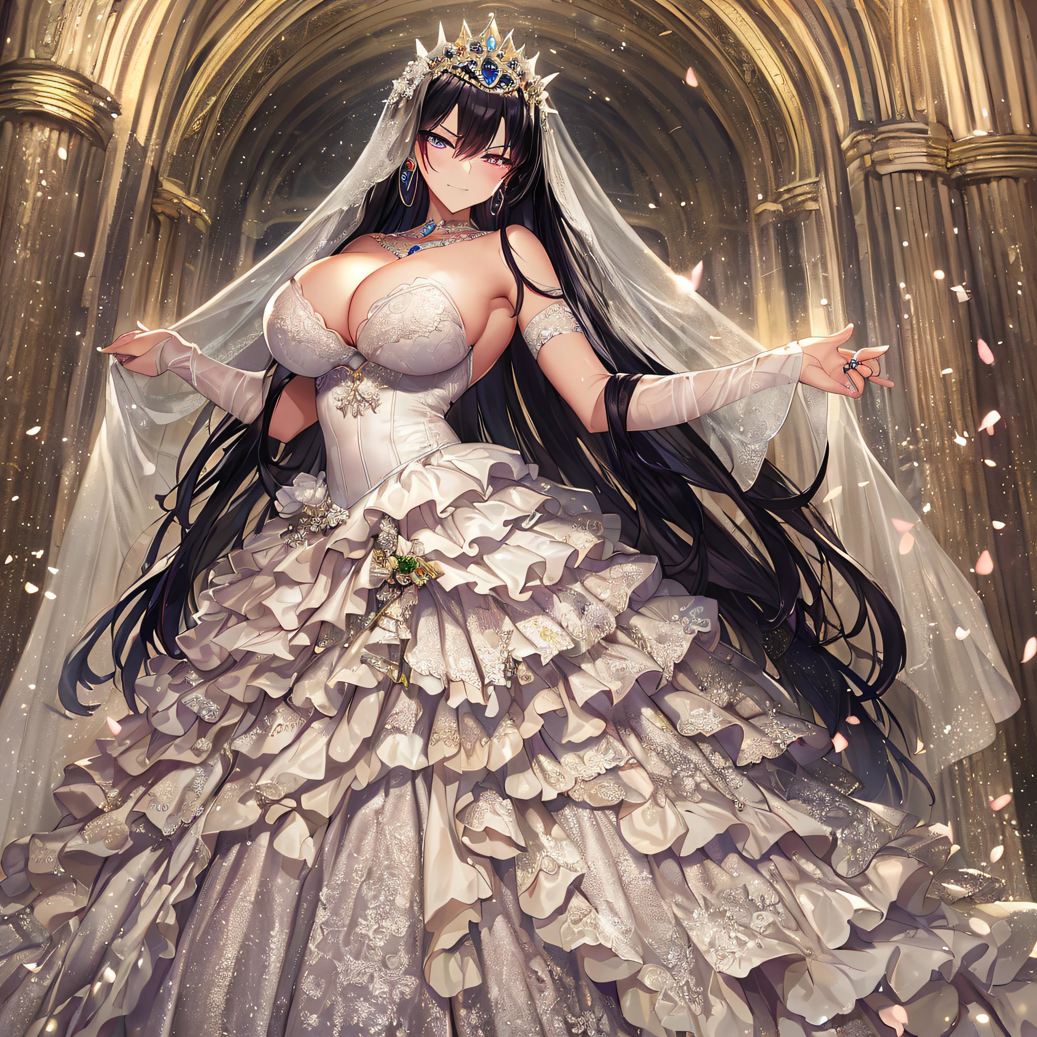 ((anime artstyle)),Masterpiece,Best Quality,Super Detail,Very Delicate and Beautiful,Solo,((full body)),(((1 arrogant queen wearing gorgeous white ballgown wedding dress with voluminous crinoline hoop skirt))),gorgeous embroidery and beautiful lace,((very gigantic boobs,cleavage,skindentation)),jewel-like eyes,((haughty smile)),(((arrogant facial expression,haughty facial expression))),Sharp eyes,Purple eyes,(Beautiful detailed face and eyes),((shiny hair,Bangs between eyes,voluminous straight hair,extremely Long straight Hair)),black hair,luxury hair ornament,extremely gorgeousfull jeweled tiara,long train,((bling-bling gorgeous gemstone jewelry)),long wedding veil,full body,standing in the sacred cathedral,white lily flowers,flower petals flowing,light particles,Sacred Light,((gorgeous white ballgown wedding dress with voluminous crinoline hoop skirt))