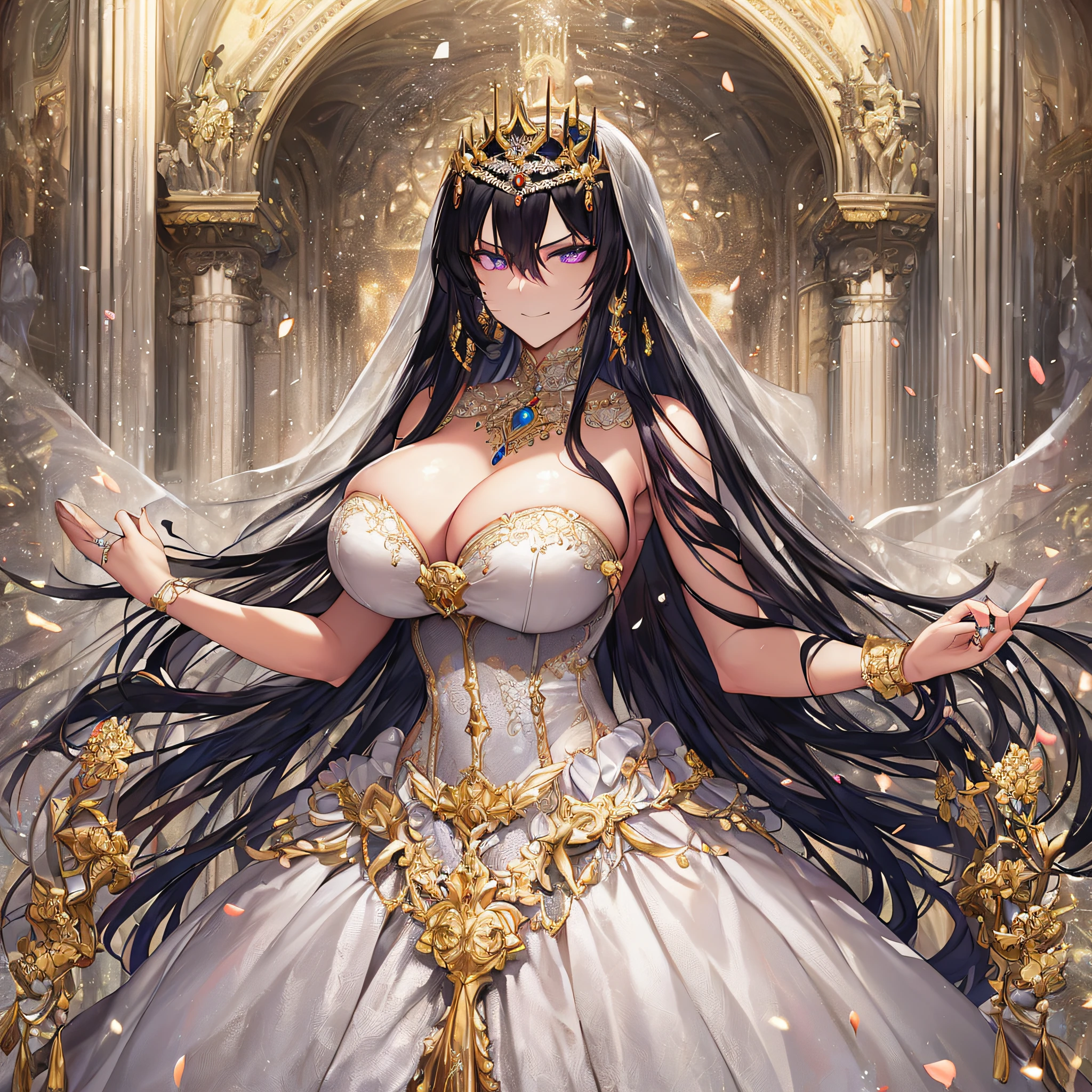 ((anime artstyle)),Masterpiece,Best Quality,Super Detail,Very Delicate and Beautiful,Solo,((full body)),(((1 arrogant queen wearing gorgeous white ballgown wedding dress with voluminous crinoline hoop skirt))),gorgeous embroidery and beautiful lace,((very gigantic boobs,cleavage,skindentation)),jewel-like eyes,((haughty smile)),(((arrogant facial expression,haughty facial expression))),Sharp eyes,Purple eyes,(Beautiful detailed face and eyes),((shiny hair,Bangs between eyes,voluminous straight hair,extremely Long straight Hair)),black hair,luxury hair ornament,extremely gorgeousfull jeweled tiara,long train,((bling-bling gorgeous gemstone jewelry)),long wedding veil,full body,standing in the sacred cathedral,white lily flowers,flower petals flowing,light particles,Sacred Light,((gorgeous white ballgown wedding dress with voluminous crinoline hoop skirt))