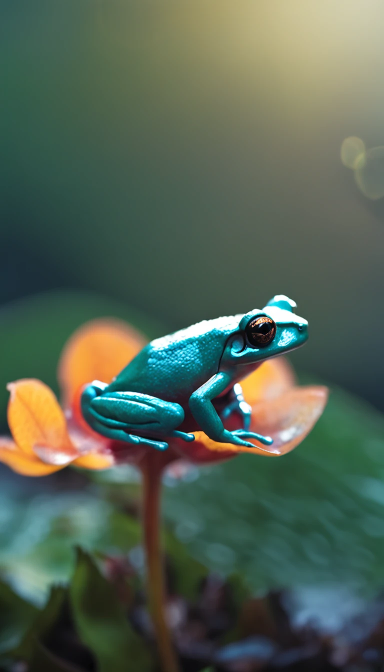 microcosm , Masterpiece , macro photography , cobweb, filmgrain, Bokeh , Smoke , Highly detailed, Sunny Sunny weather, Microflower, The drops, bblurry, Close-up of 1 frog sitting on 1 lotus canopy:1.5, realisticlying,Azure background, subdued contrasts, rendering by octane , illusory engine
