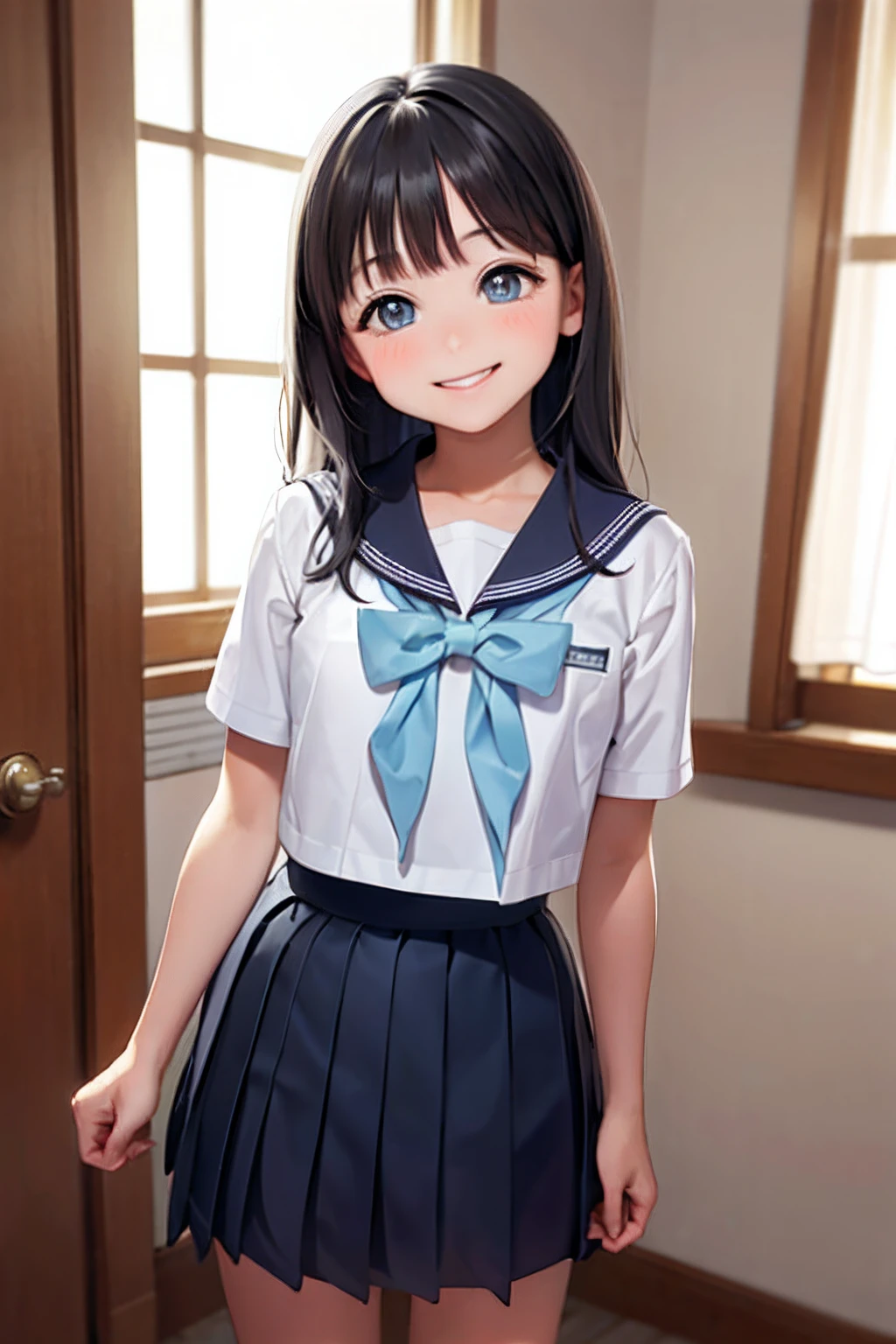 (masterpiece, best quality:1.2), cowboy shot, solo, 1girl, akebi komichi, smile, closed mouth, looking at viewer, arms behind back, school uniform, serafuku, pleated skirt