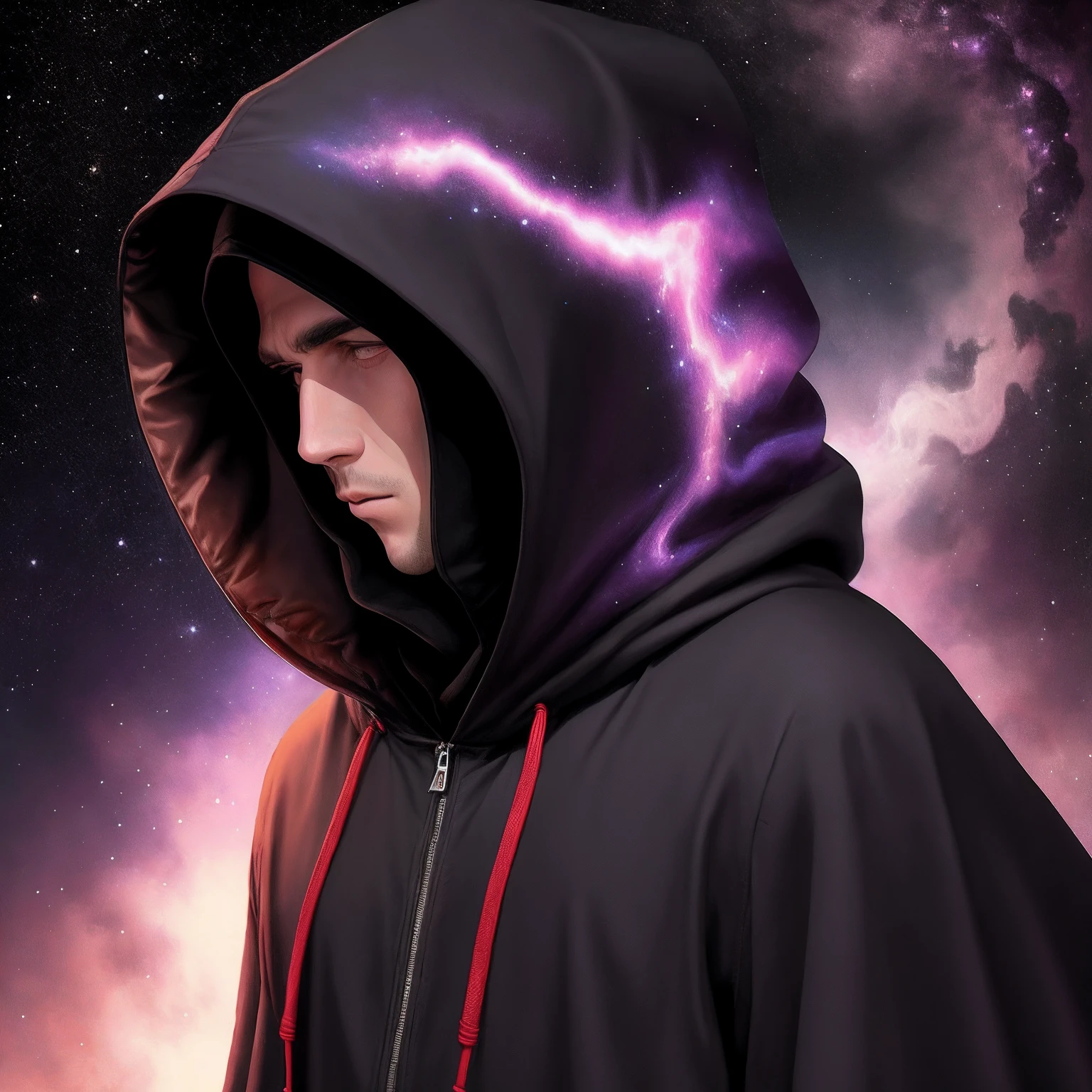 Hooded man with head down, roupa preta e rosto nao aparece , Jantar Nebulosa, rosyo todo escuro