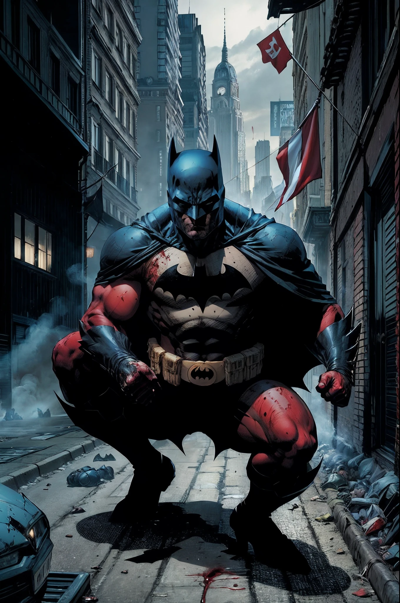 Batman was on the streets of Gotham City when he saw blood on the ground. He followed the trail of blood and found a group of criminals who had just robbed a bank. Batman fought them and managed to capture them all. He then called the police to come and take them away. Scenery of Caus, Dor, Sofrimentos, Lots of Blood on the Streets and on the Ground. ONLY ONE BATMAN IN THE IMAGE.