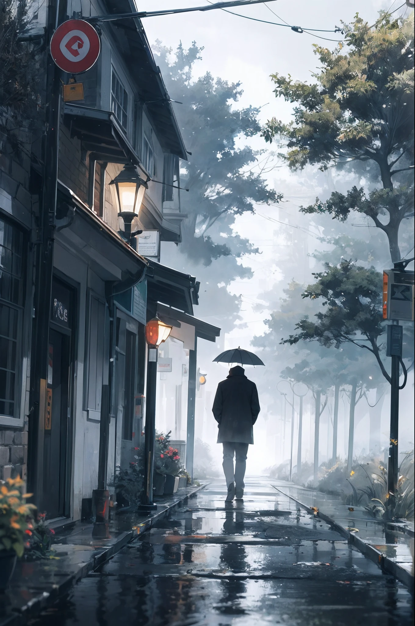 A lonely man with an umbrella，Stand in the fog，
There are 3 roads ahead