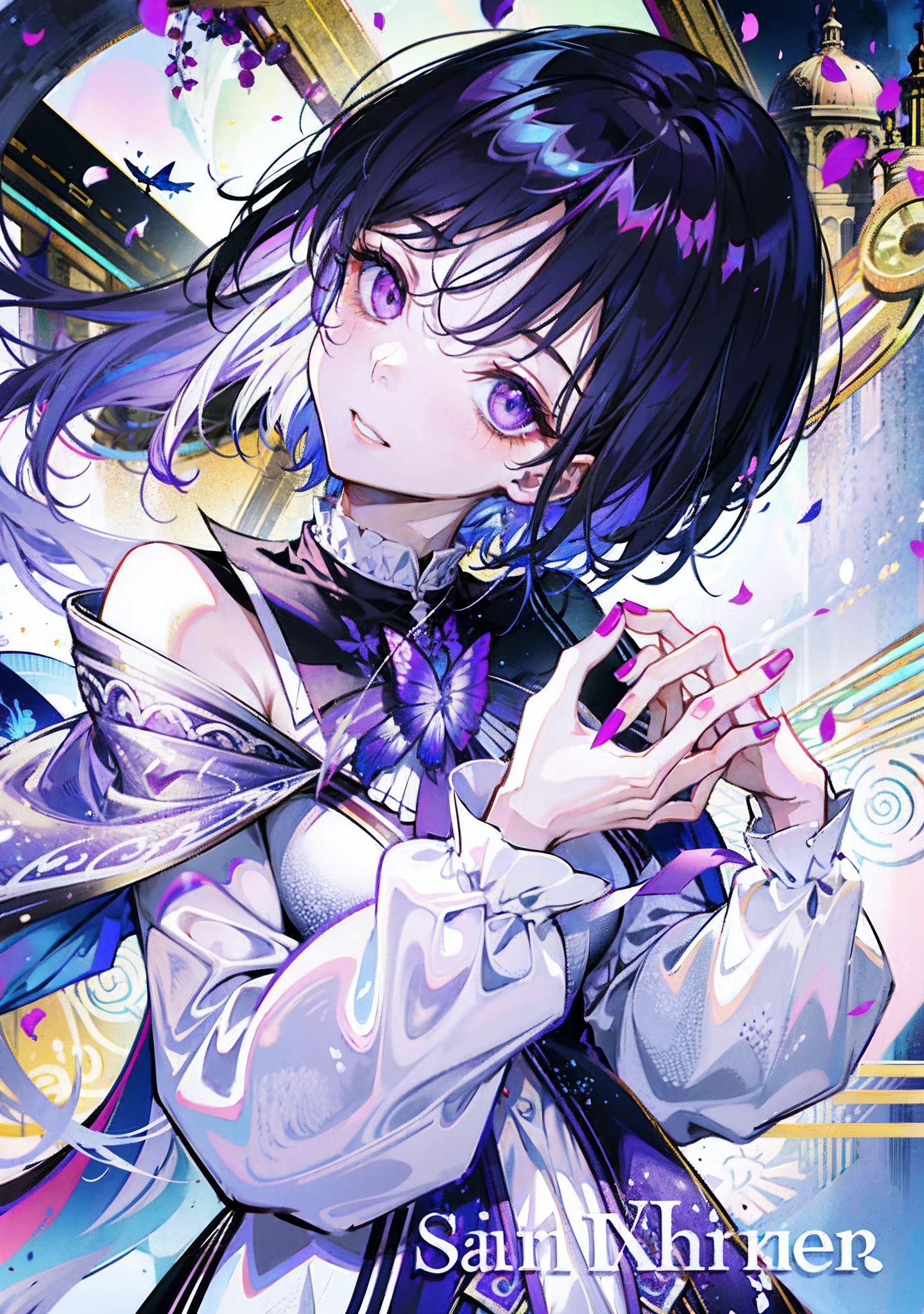 silber hair,butterflys,long whitr hair,8k wallpaper,detailedbackground,Highest high resolution,deep v big breasts,Hair over eyes,Bandeau,Church background,Purple roses,tight-fitting,themoon,stocklings