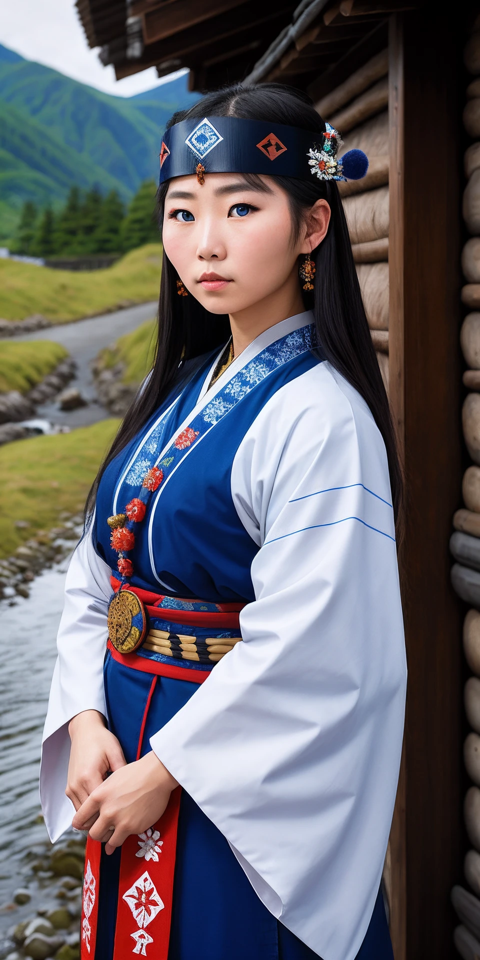 Young Ainu woman in traditional dress, sharp focus, masterpiece, hyperdetailed. Hokkaido background, ((blue eyes)).